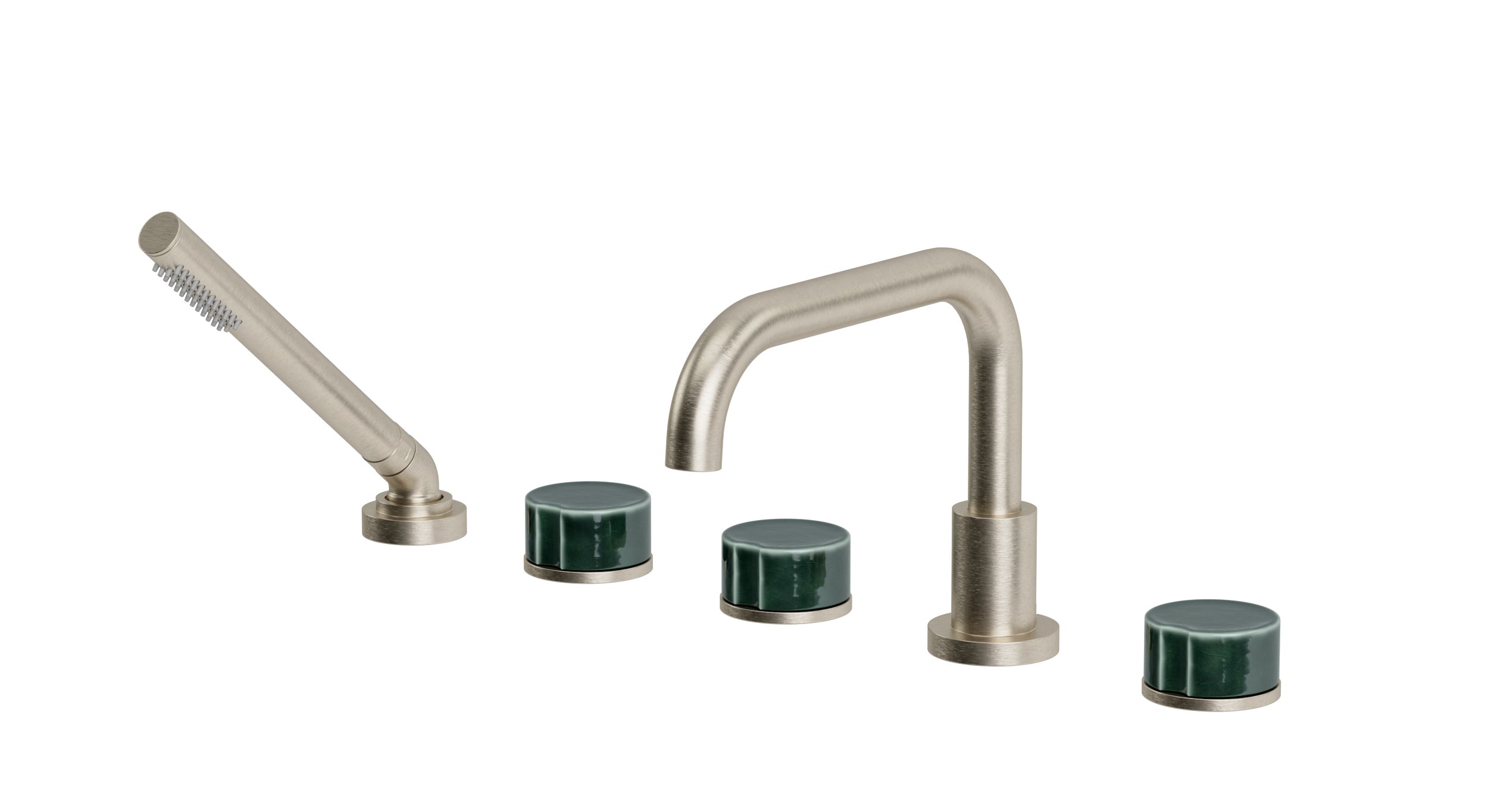 Foundry Three Handle Deck Mount Squaretop Bath Trim with Hand Shower and Groove Ceramic Knob Handles in Satin Nickel