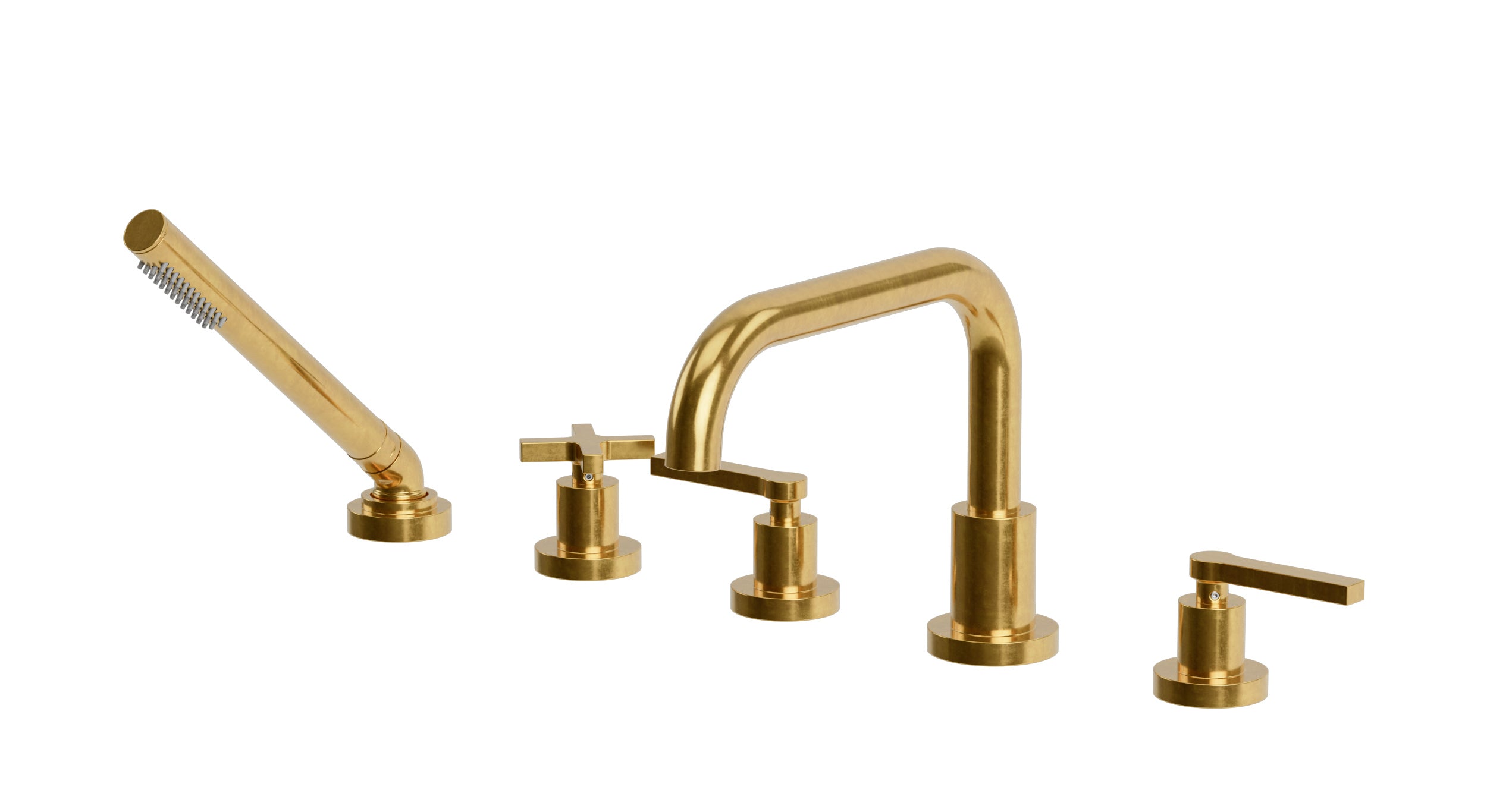 Flatiron Three Handle Deck Mount Squaretop Bath Trim with Hand Shower and Linear Cross/Linear Lever Handles in French Brass