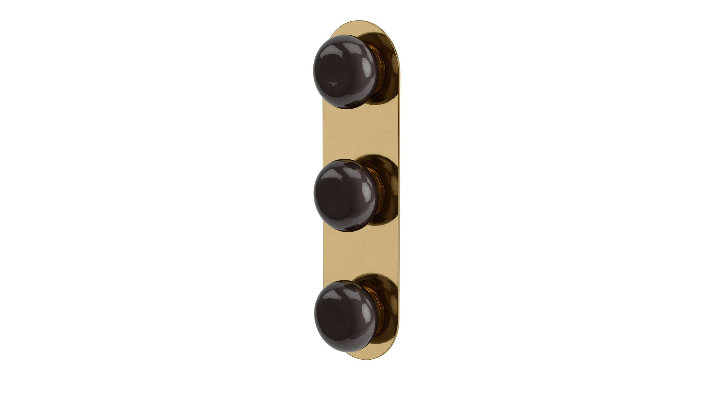 Foundry Three Handle Wall Mount Shower Trim with Pebble Ceramic Knob Handles in Uncoated Polished Brass