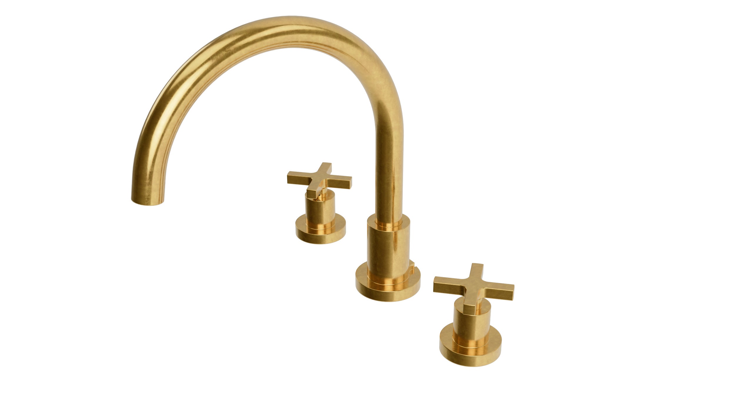 Flatiron Two Handle Deck Mount Gooseneck Bath Trim with Linear Cross Handles in French Brass