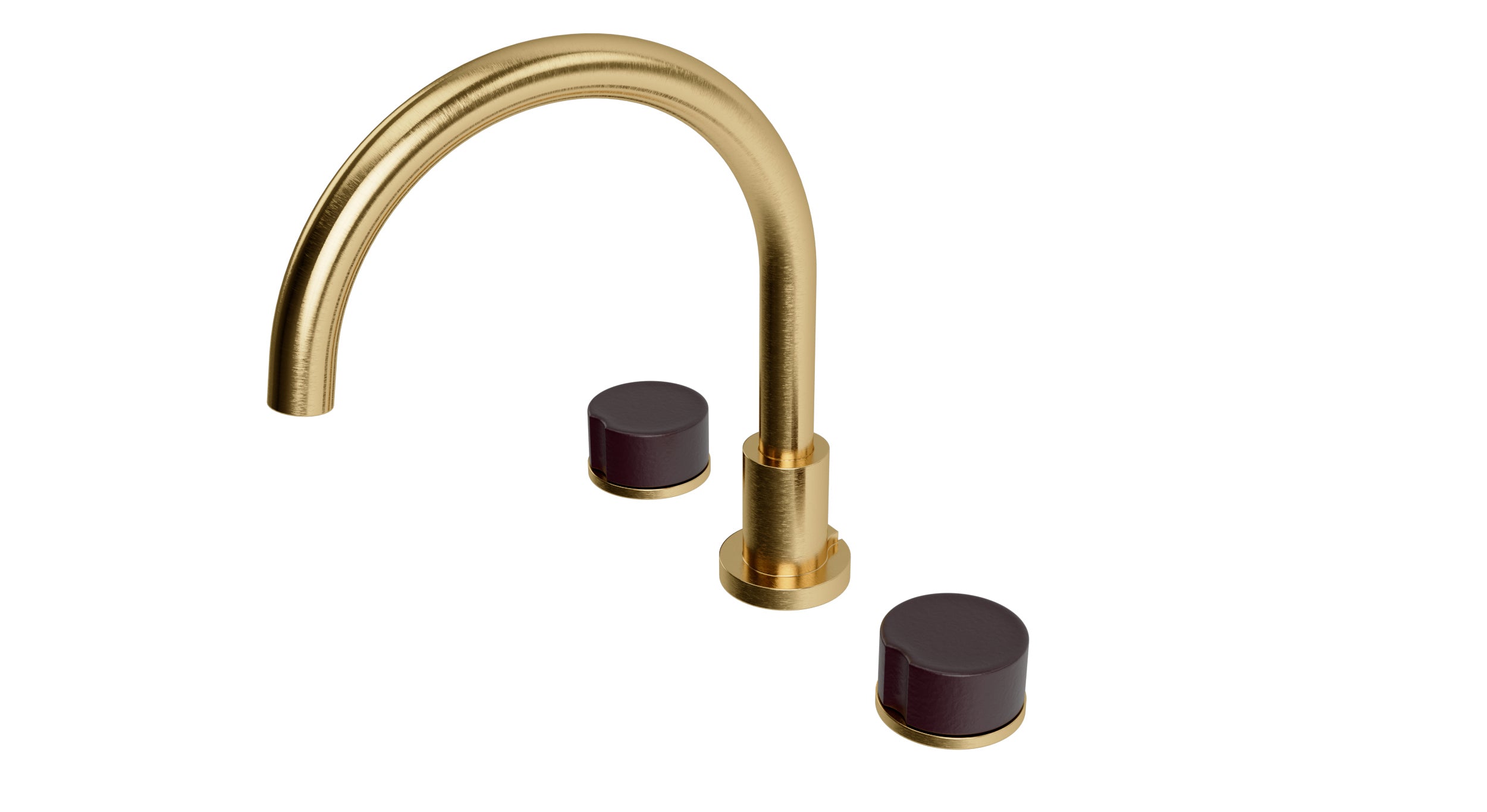 Foundry Two Handle Deck Mount Gooseneck Bath Trim with Groove Ceramic Knob Handles in Satin Brass