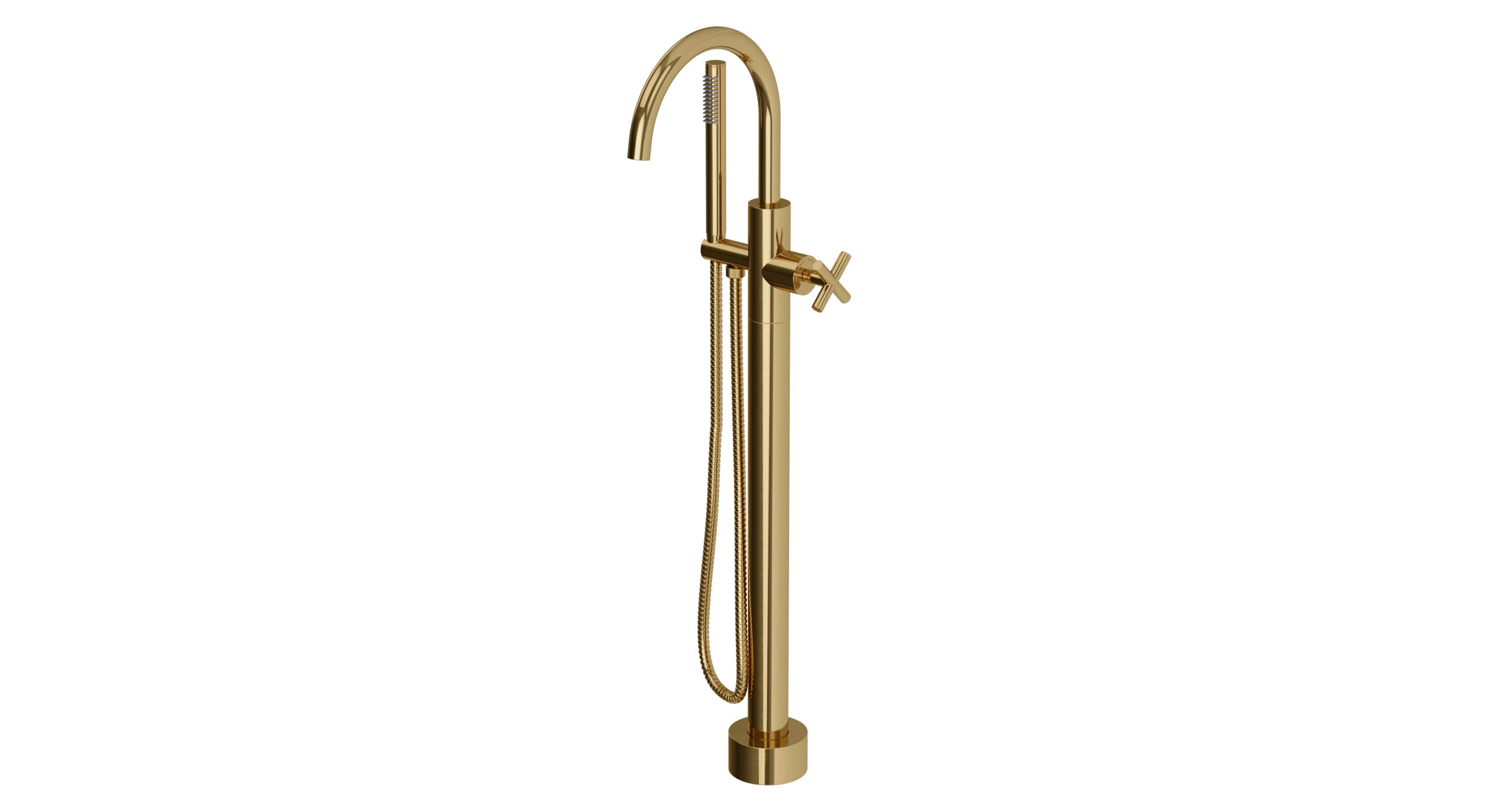 Contour One Handle Floor Mount Gooseneck Bath Trim with Hand Shower and Soft Cross Handle in Uncoated Polished Brass