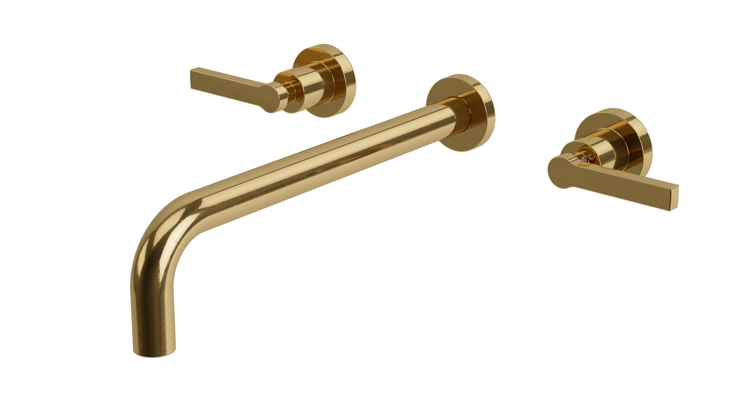 Flatiron Two Handle Wall Mount 12" Lavatory Faucet with Linear Lever Handles in Uncoated Polished Brass