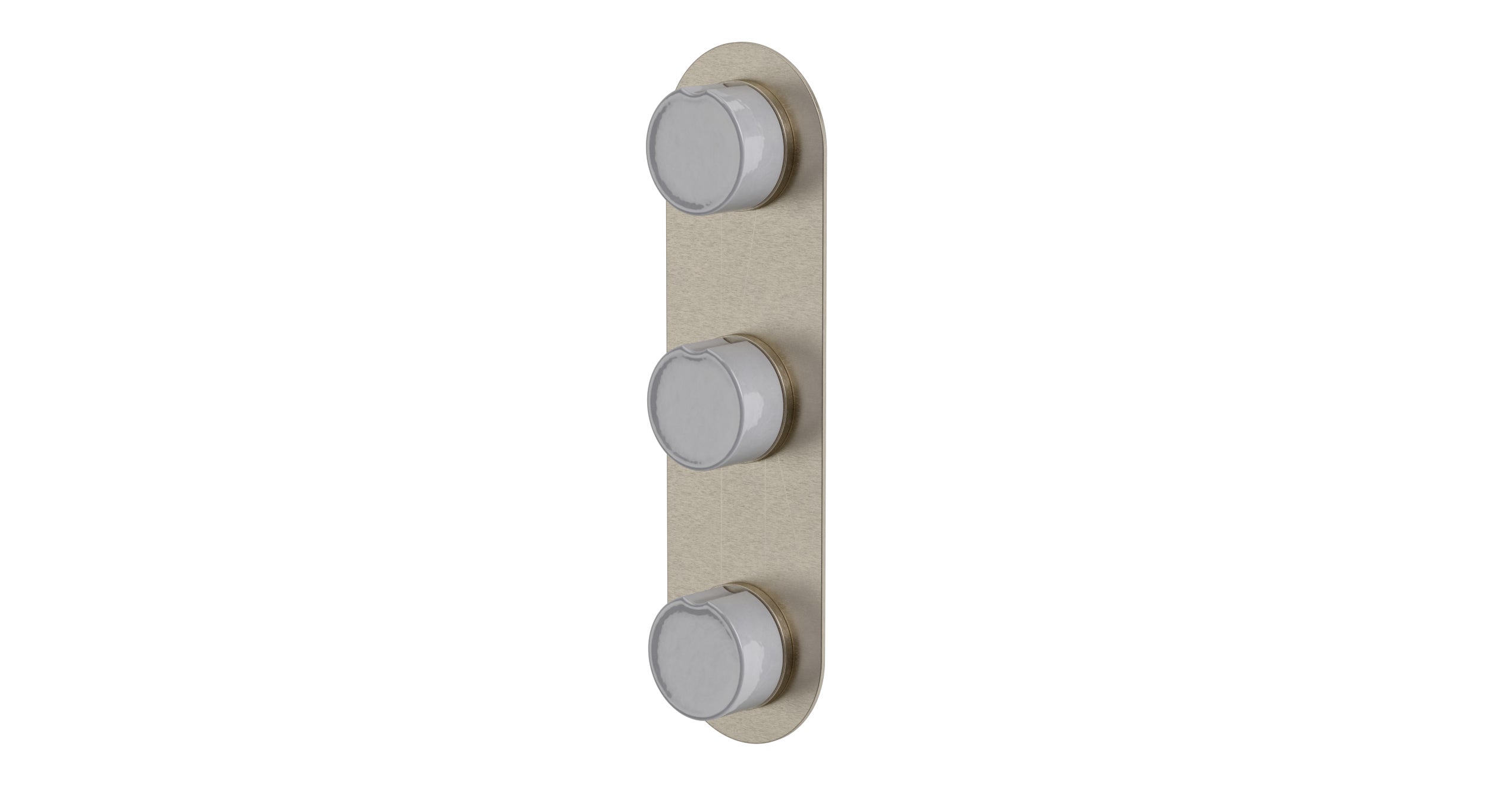 Foundry Three Handle Wall Mount Shower Trim with Groove Ceramic Knob Handles in Satin Nickel