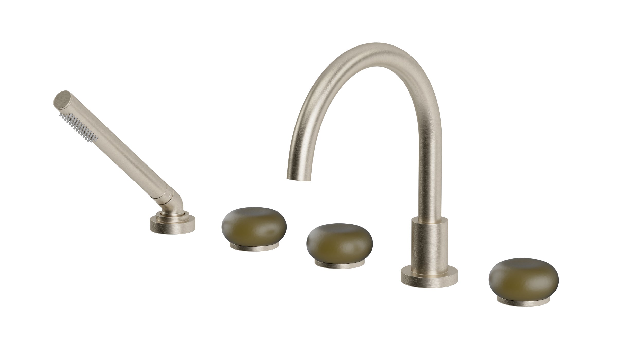 Foundry Three Handle Deck Mount Gooseneck Bath Trim with Hand Shower and Pebble Ceramic Knob Handles in Satin Nickel