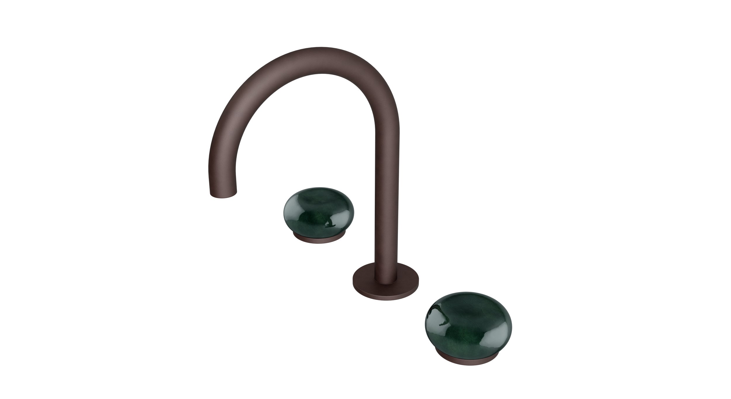 Foundry Two Handle Deck Mount Gooseneck Lavatory Faucet with Pebble Ceramic Knob Handles in Architectural Copper