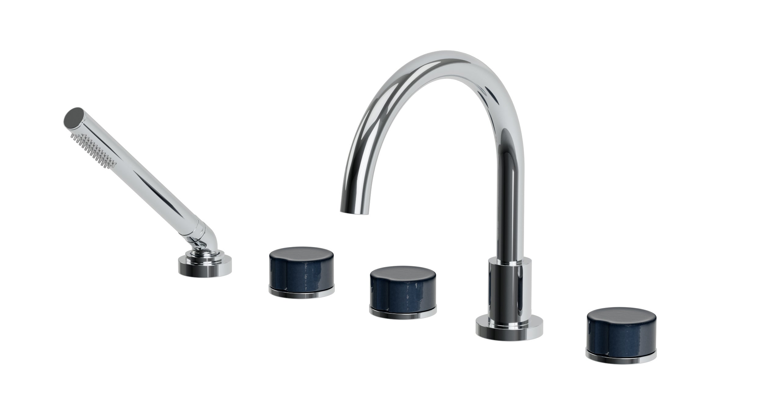Foundry Three Handle Deck Mount Gooseneck Bath Trim with Hand Shower and Groove Ceramic Knob Handles in Polished Chrome