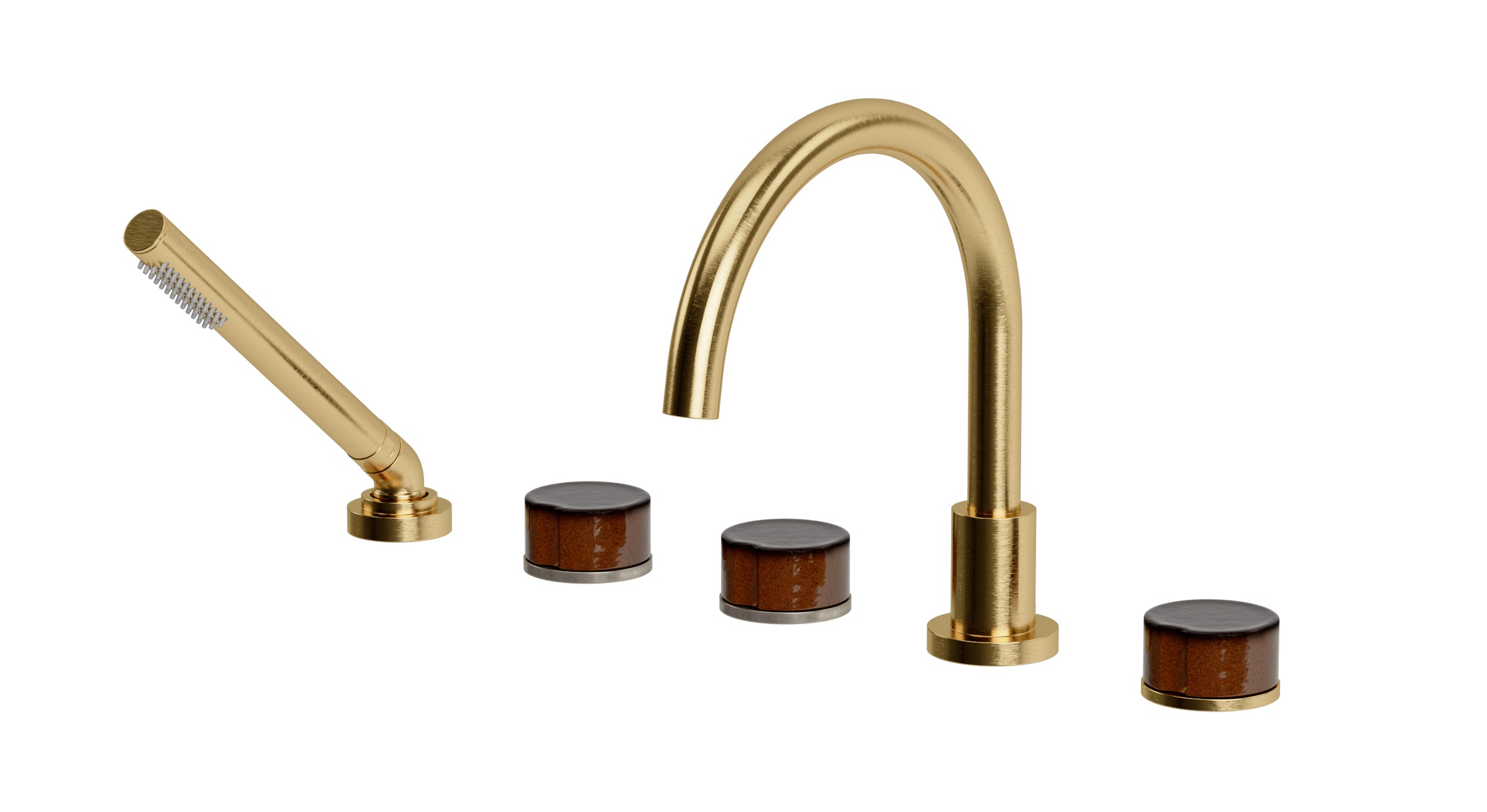 Foundry Three Handle Deck Mount Gooseneck Bath Trim with Hand Shower and Groove Ceramic Knob Handles in Satin Brass