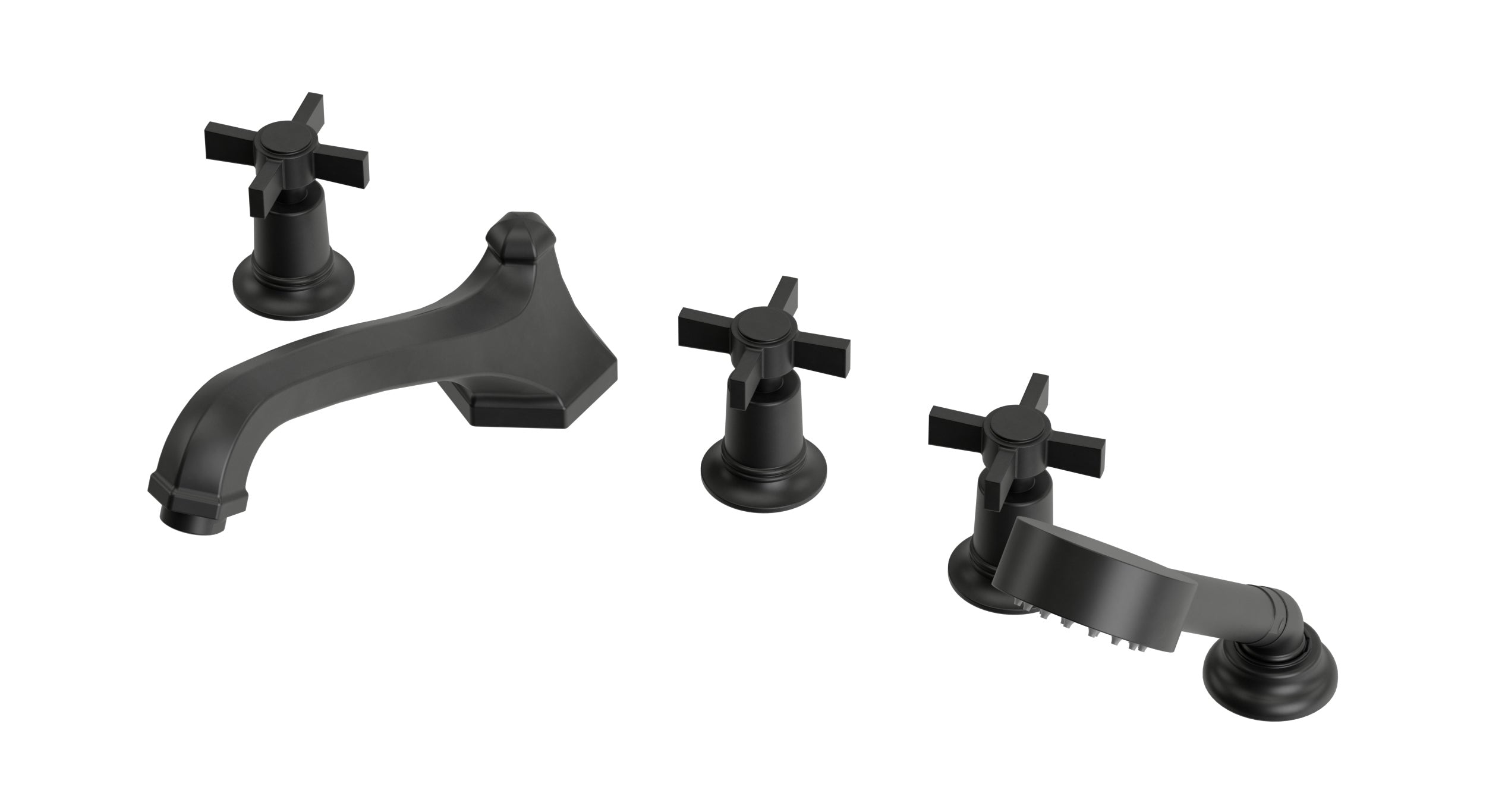 Emerson Three Handle Deck Mount Low Hexagon Bath Trim with Hand Shower and Defined Cross Handles in Oil Rubbed Bronze