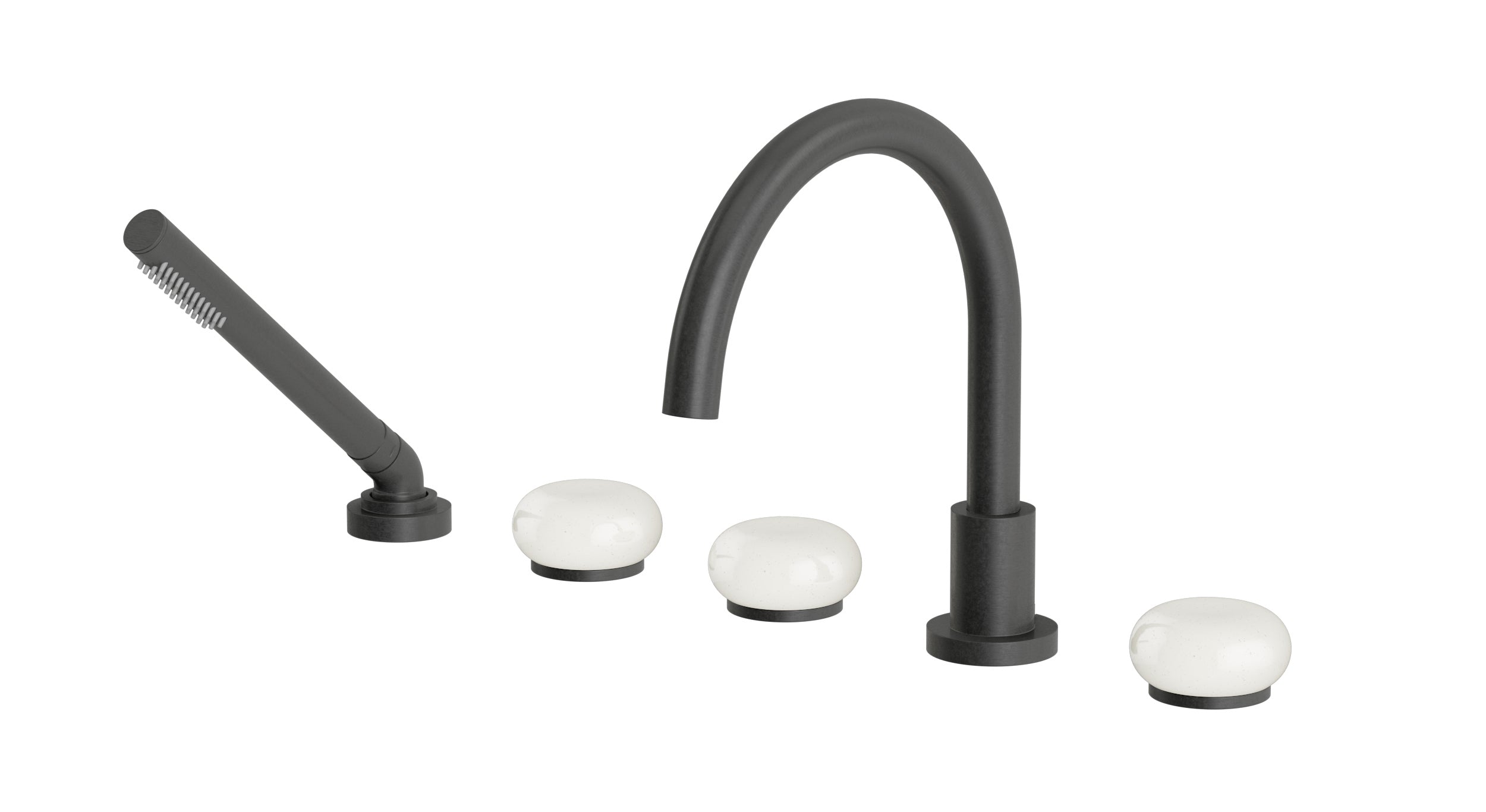 Foundry Three Handle Deck Mount Gooseneck Bath Trim with Hand Shower and Pebble Ceramic Knob Handles in Blackened Nickel