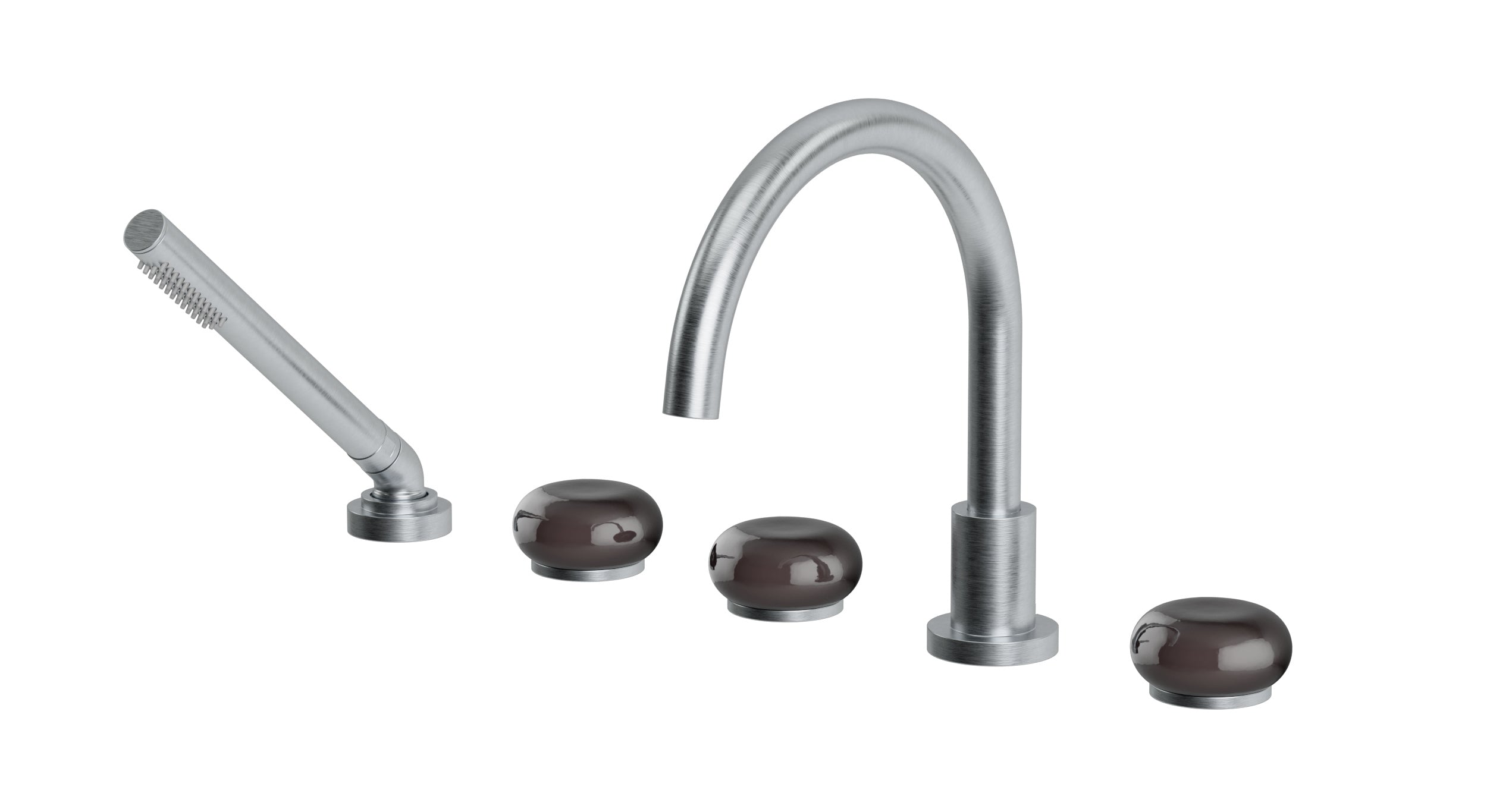 Foundry Three Handle Deck Mount Gooseneck Bath Trim with Hand Shower and Pebble Ceramic Knob Handles in Satin Chrome