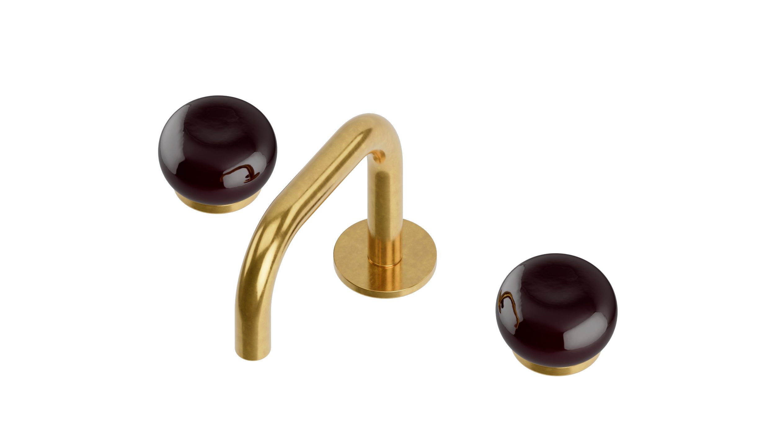 Foundry Two Handle Deck Mount Squaretop Lavatory Faucet with Pebble Ceramic Knob Handles in French Brass