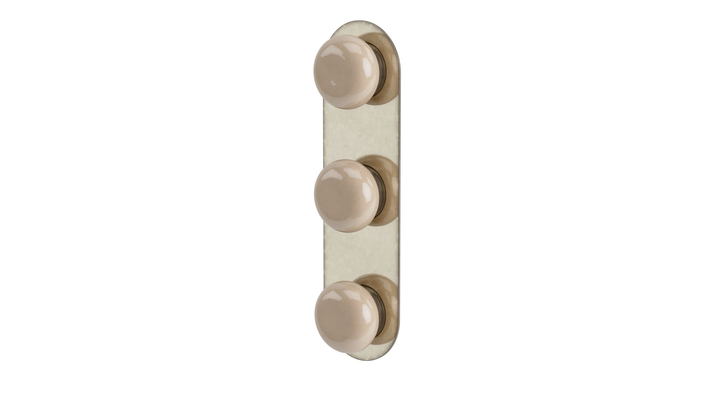 Foundry Three Handle Wall Mount Shower Trim with Pebble Ceramic Knob Handles in French Nickel