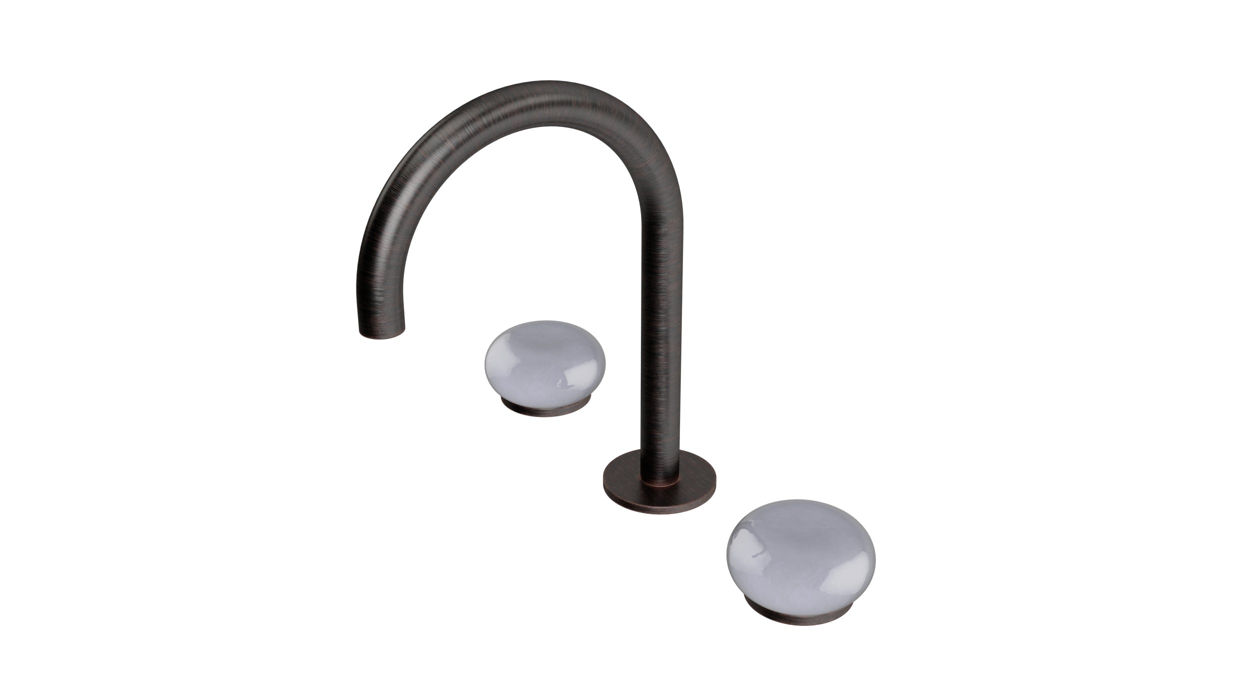 Foundry Two Handle Deck Mount Gooseneck Lavatory Faucet with Pebble Ceramic Knob Handles in Antique Bronze