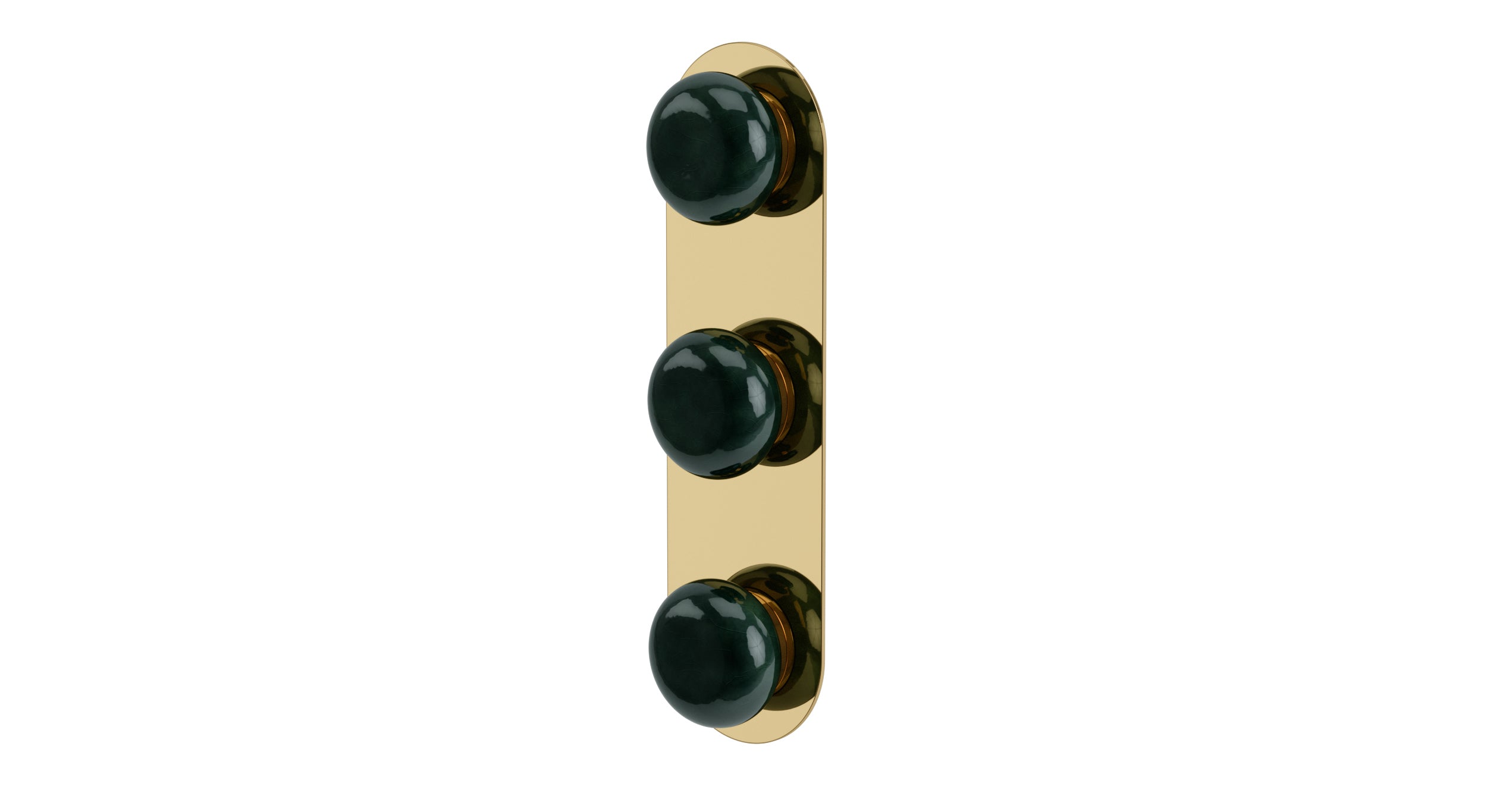 Foundry Three Handle Wall Mount Shower Trim with Pebble Ceramic Knob Handles in Polished Brass