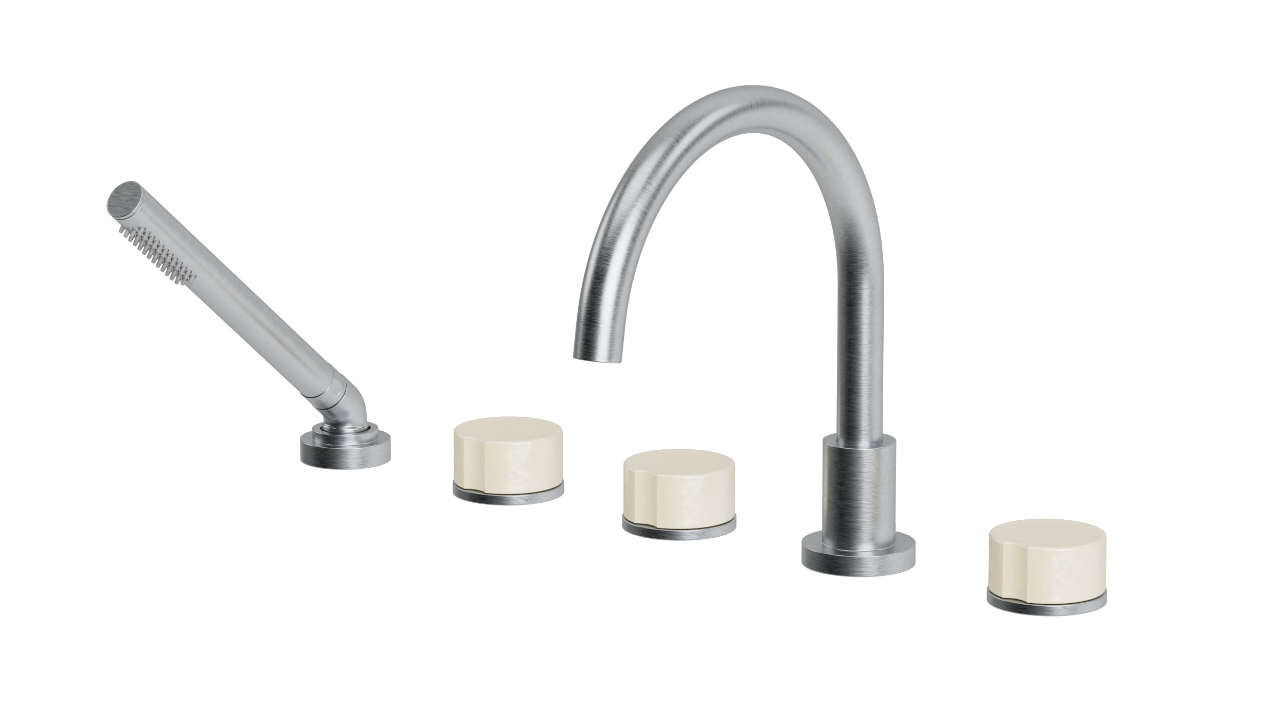 Foundry Three Handle Deck Mount Gooseneck Bath Trim with Hand Shower and Groove Ceramic Knob Handles in Satin Chrome