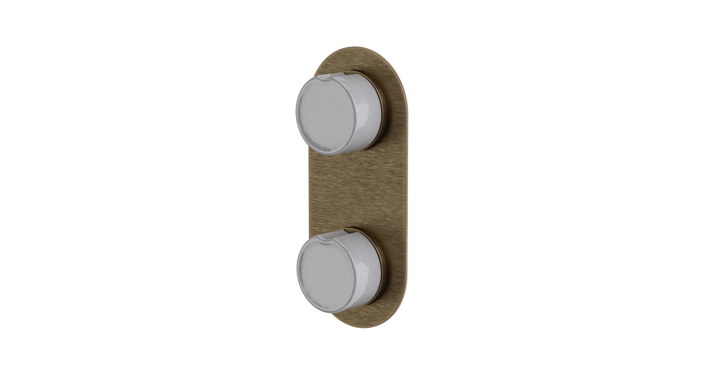 Foundry Two Handle Wall Mount Shower Trim with Groove Ceramic Knob Handles in Antique Brass