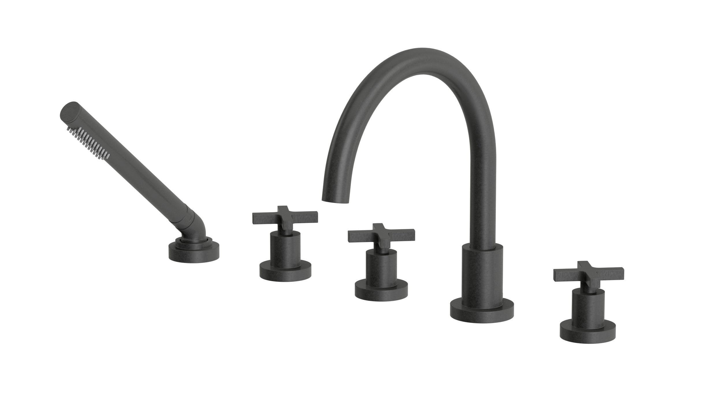 Flatiron Three Handle Deck Mount Gooseneck Bath Trim with Hand Shower and Linear Cross Handles in Blackened Nickel