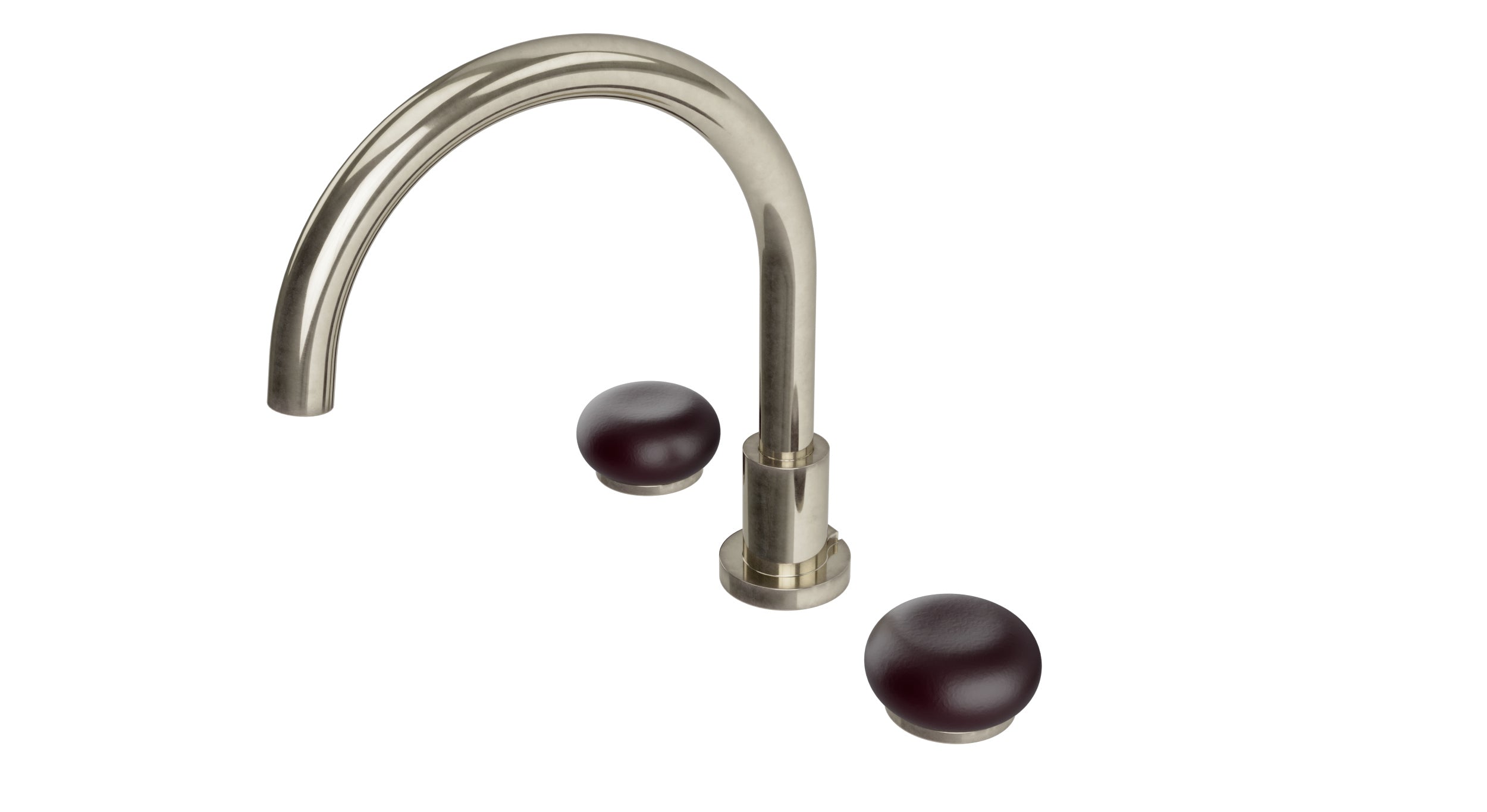 Foundry Two Handle Deck Mount Gooseneck Bath Trim with Pebble Ceramic Knob Handles in French Nickel
