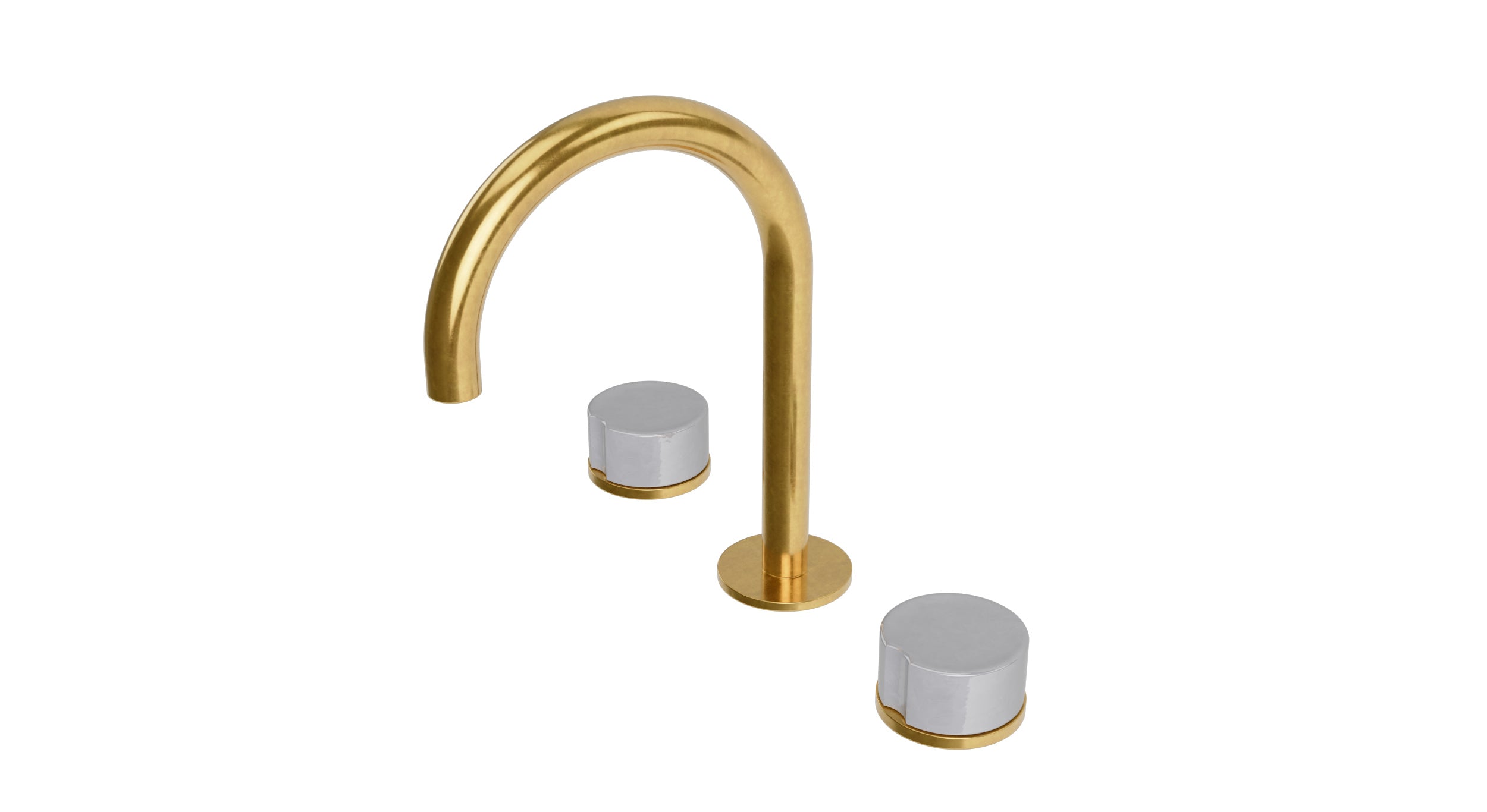 Foundry Two Handle Deck Mount Gooseneck Lavatory Faucet with Groove Ceramic Knob Handles in French Brass