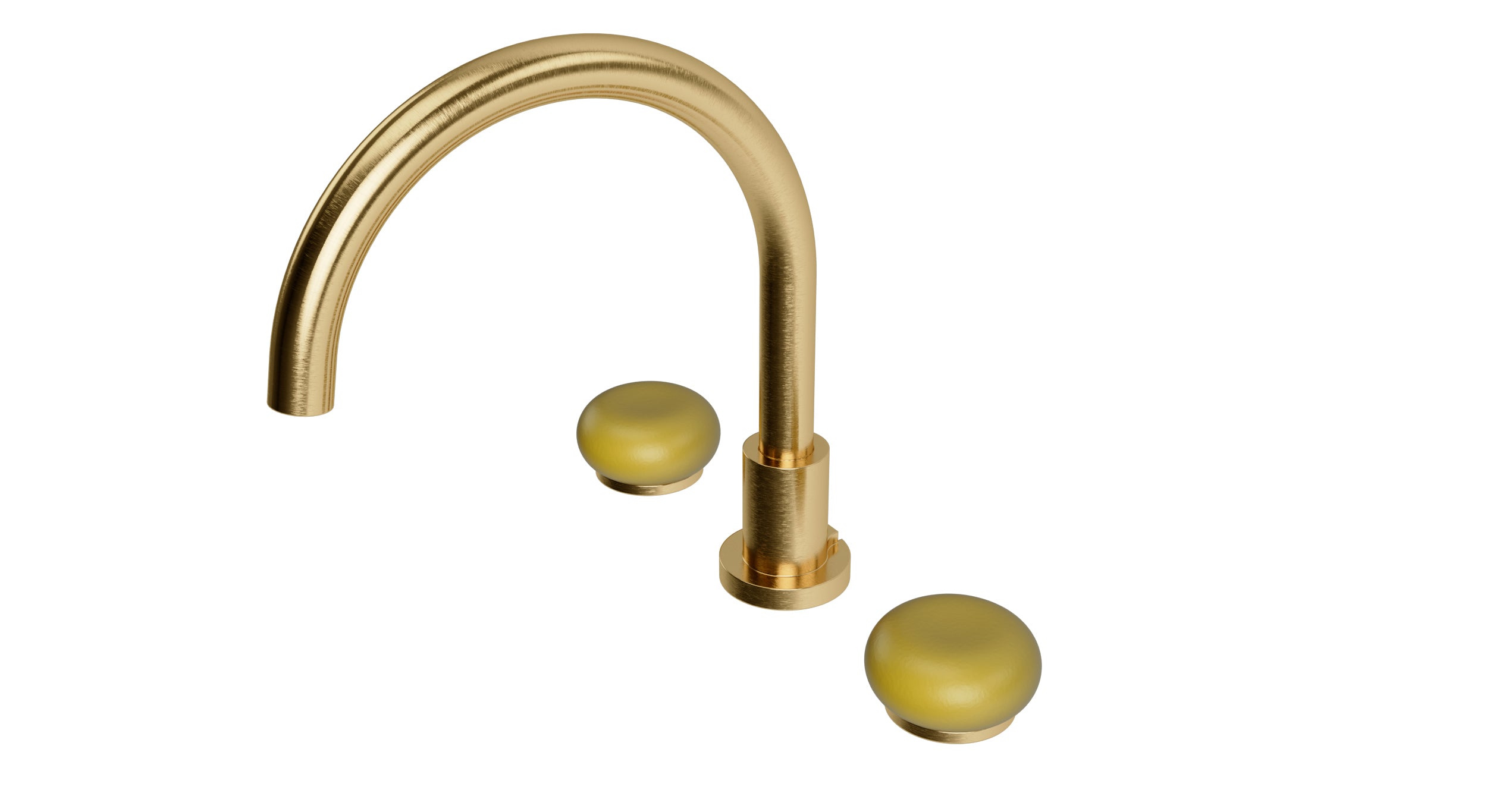 Foundry Two Handle Deck Mount Gooseneck Bath Trim with Pebble Ceramic Knob Handles in Satin Brass