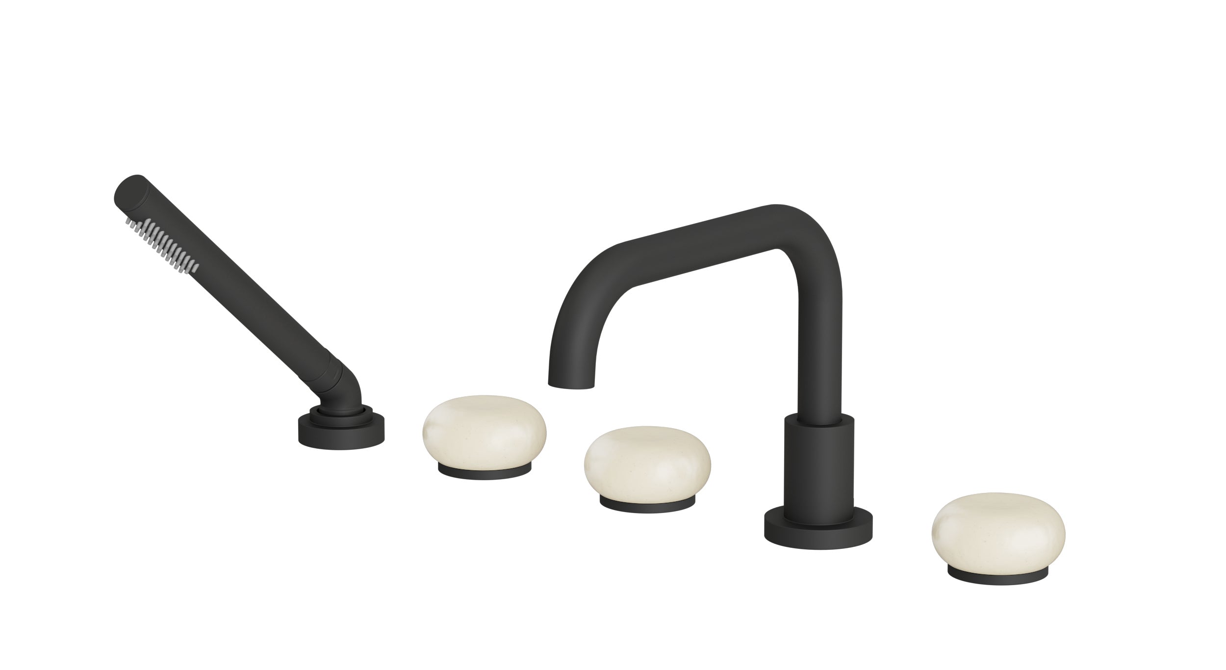 Foundry Three Handle Deck Mount Squaretop Bath Trim with Hand Shower and Pebble Ceramic Knob Handles in Matte Black