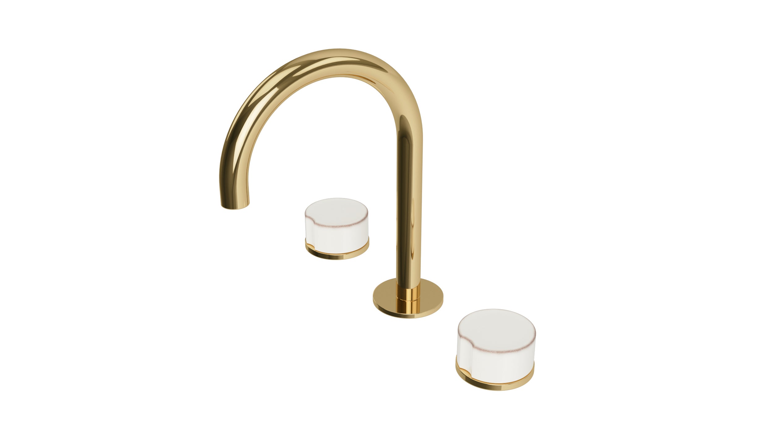 Foundry Two Handle Deck Mount Gooseneck Lavatory Faucet with Groove Ceramic Knob Handles in Polished Brass