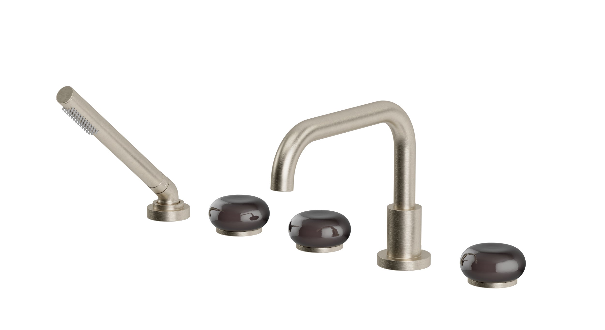 Foundry Three Handle Deck Mount Squaretop Bath Trim with Hand Shower and Pebble Ceramic Knob Handles in Satin Nickel