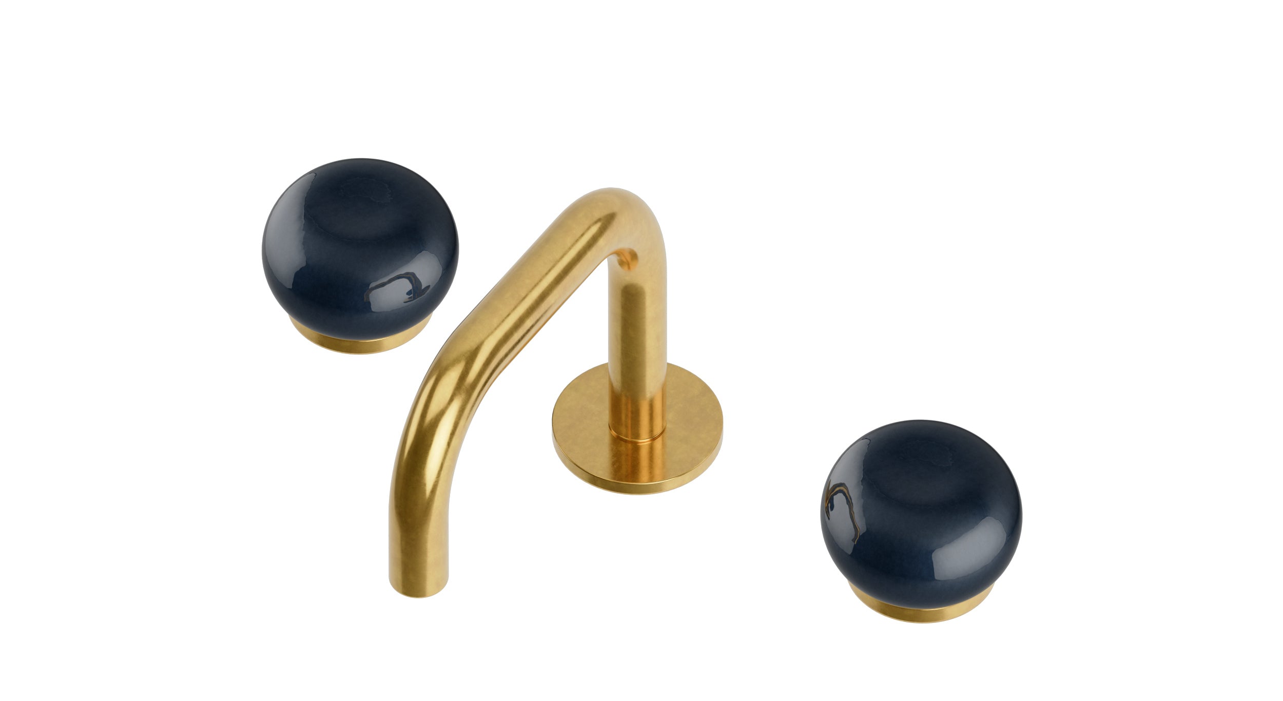 Foundry Two Handle Deck Mount Squaretop Lavatory Faucet with Pebble Ceramic Knob Handles in French Brass
