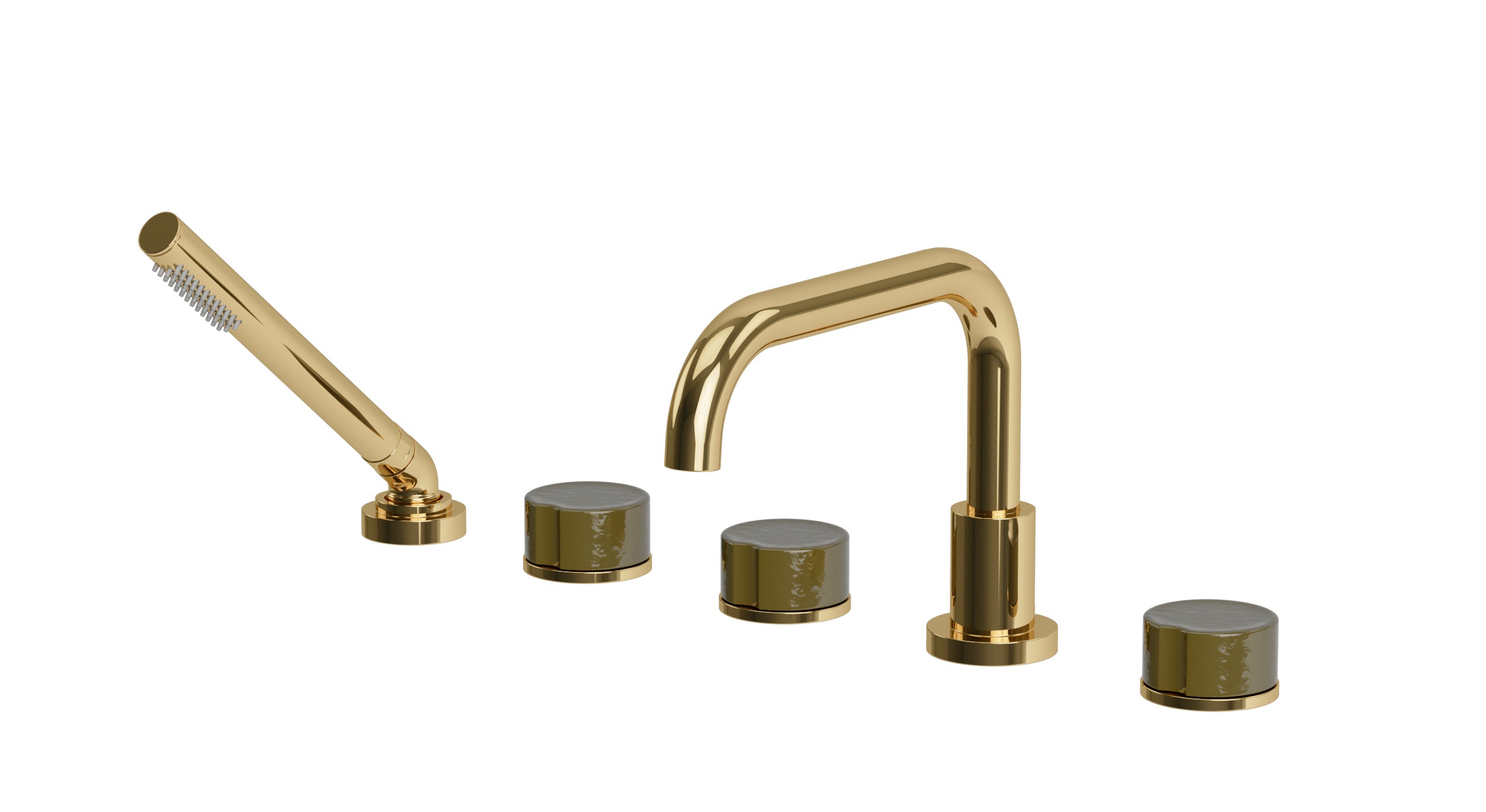 Foundry Three Handle Deck Mount Squaretop Bath Trim with Hand Shower and Groove Ceramic Knob Handles in Polished Brass