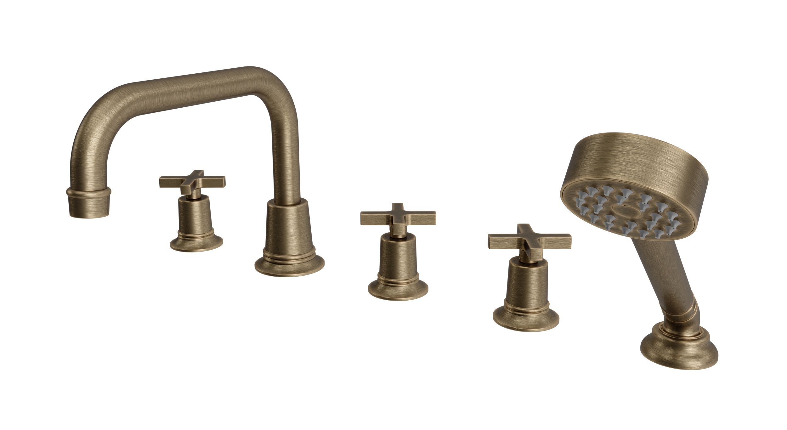 Emerson Three Handle Deck Mount Squaretop Bath Trim with Hand Shower and Classic Cross Handles in Antique Brass