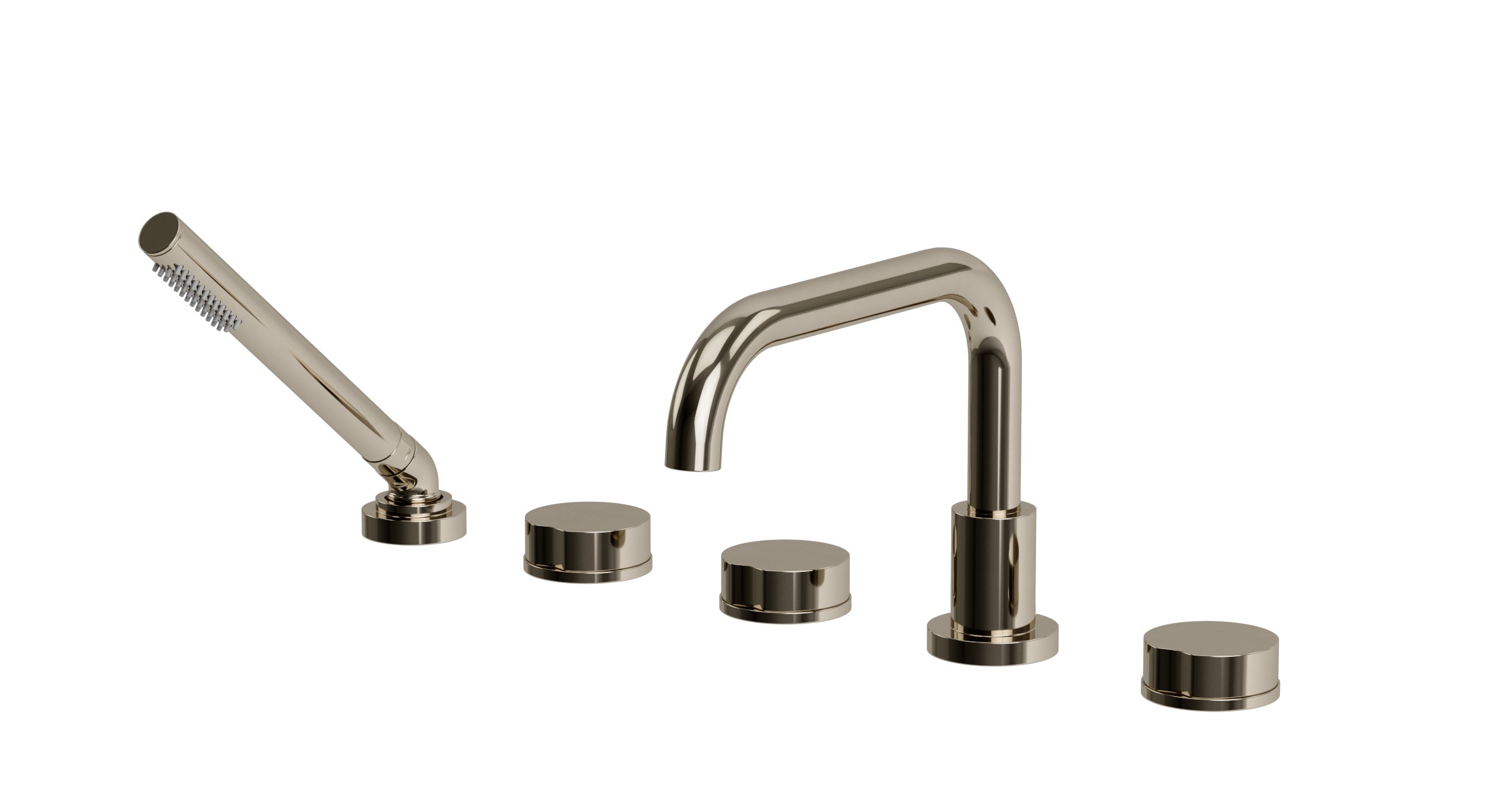 Foundry Three Handle Deck Mount Squaretop Bath Trim with Hand Shower and Circle Knob Handles