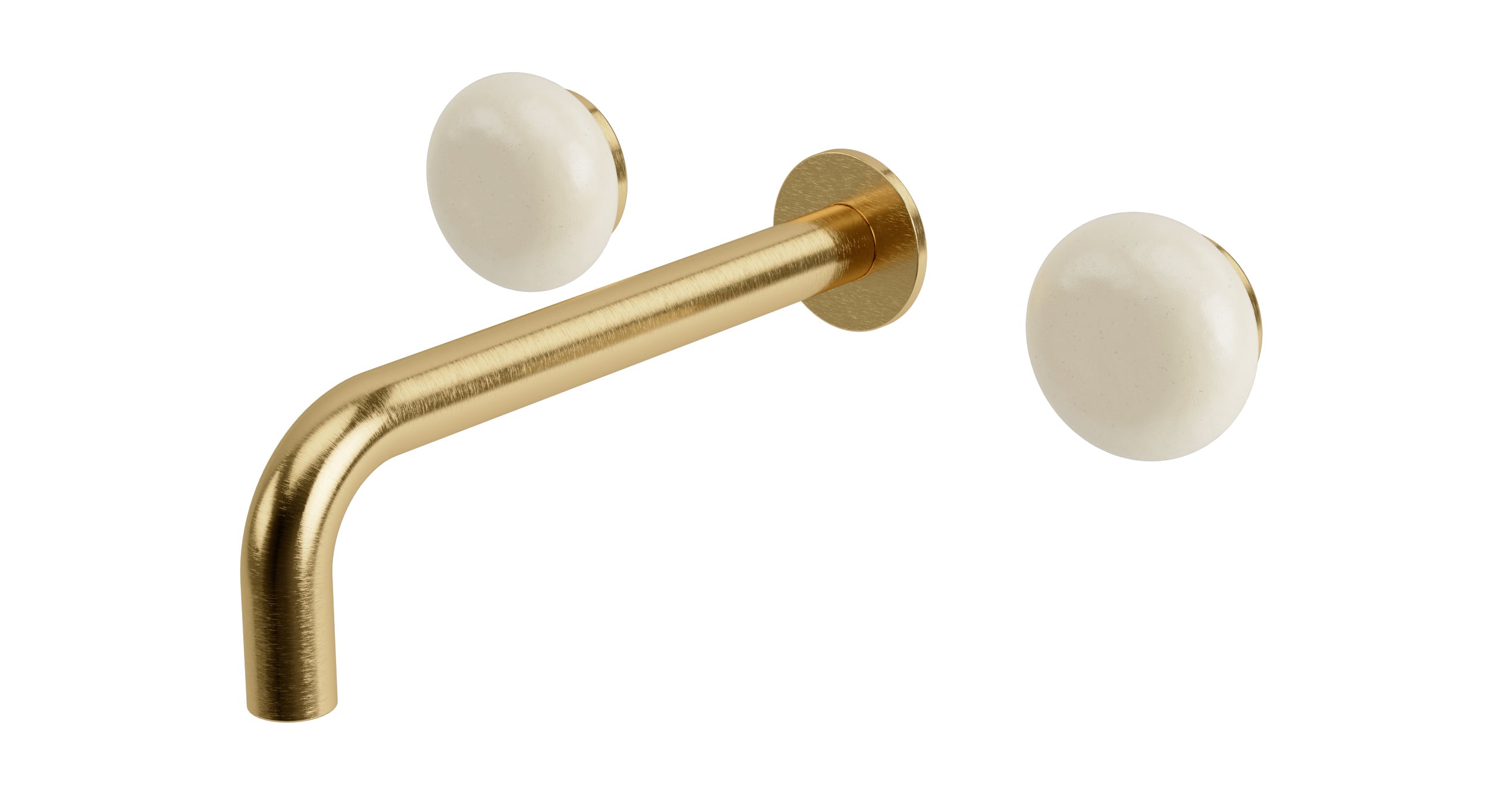 Foundry Two Handle Wall Mount 7.5" Lavatory Faucet with Pebble Ceramic Knob Handles in Satin Brass