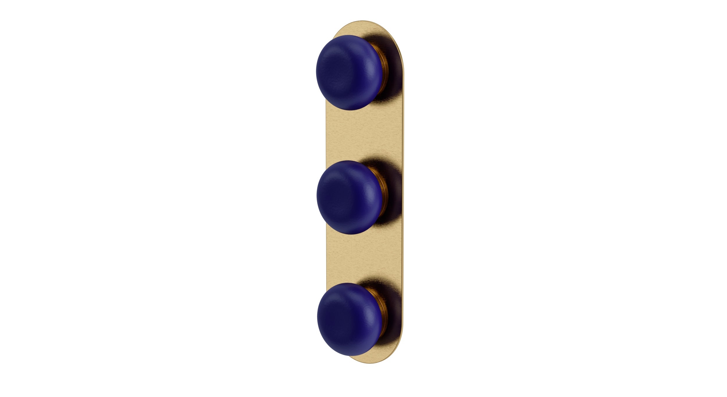Foundry Three Handle Wall Mount Shower Trim with Pebble Ceramic Knob Handles in Satin Brass