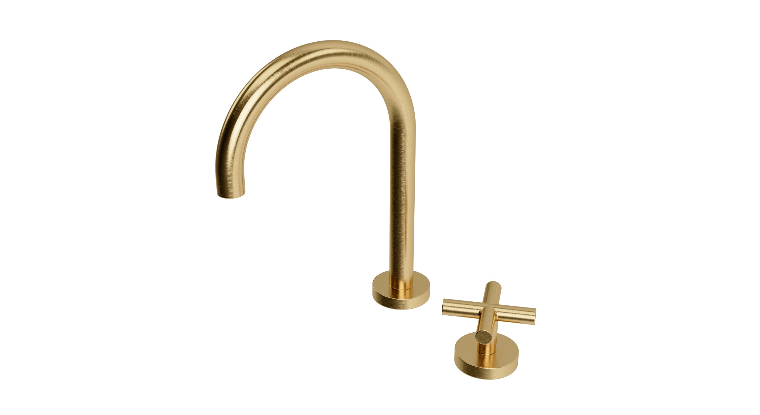 Contour One Handle Deck Mount Gooseneck Lavatory Faucet with Soft Cross Handle in Satin Brass