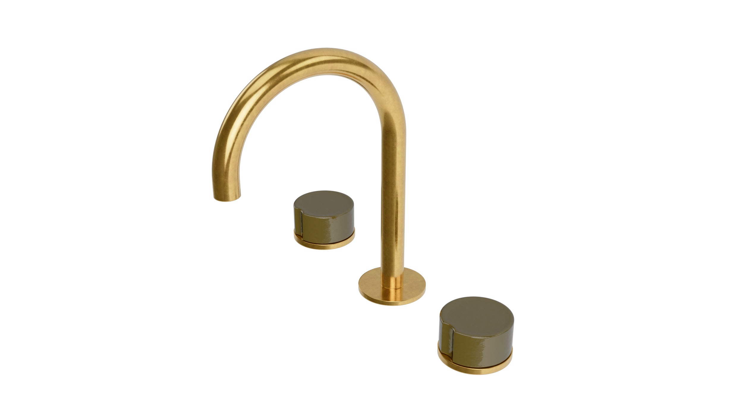 Foundry Two Handle Deck Mount Gooseneck Lavatory Faucet with Groove Ceramic Knob Handles in French Brass
