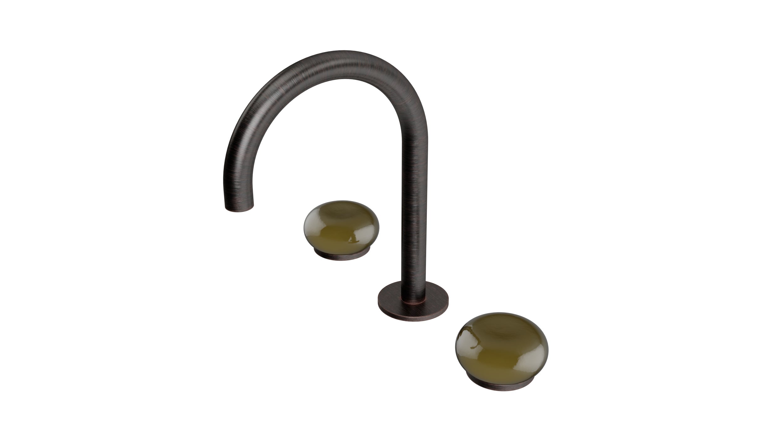 Foundry Two Handle Deck Mount Gooseneck Lavatory Faucet with Pebble Ceramic Knob Handles in Antique Bronze