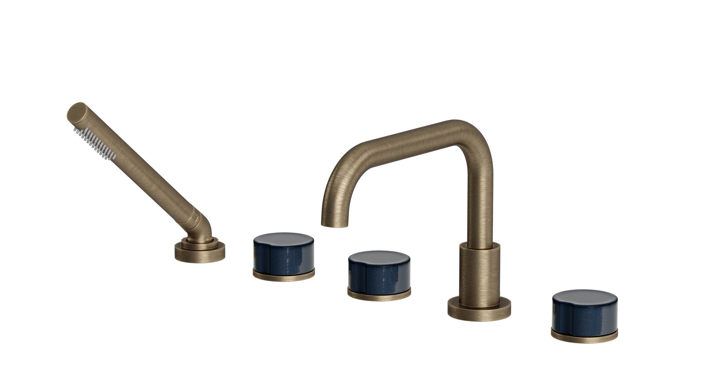 Foundry Three Handle Deck Mount Squaretop Bath Trim with Hand Shower and Groove Ceramic Knob Handles in Antique Brass