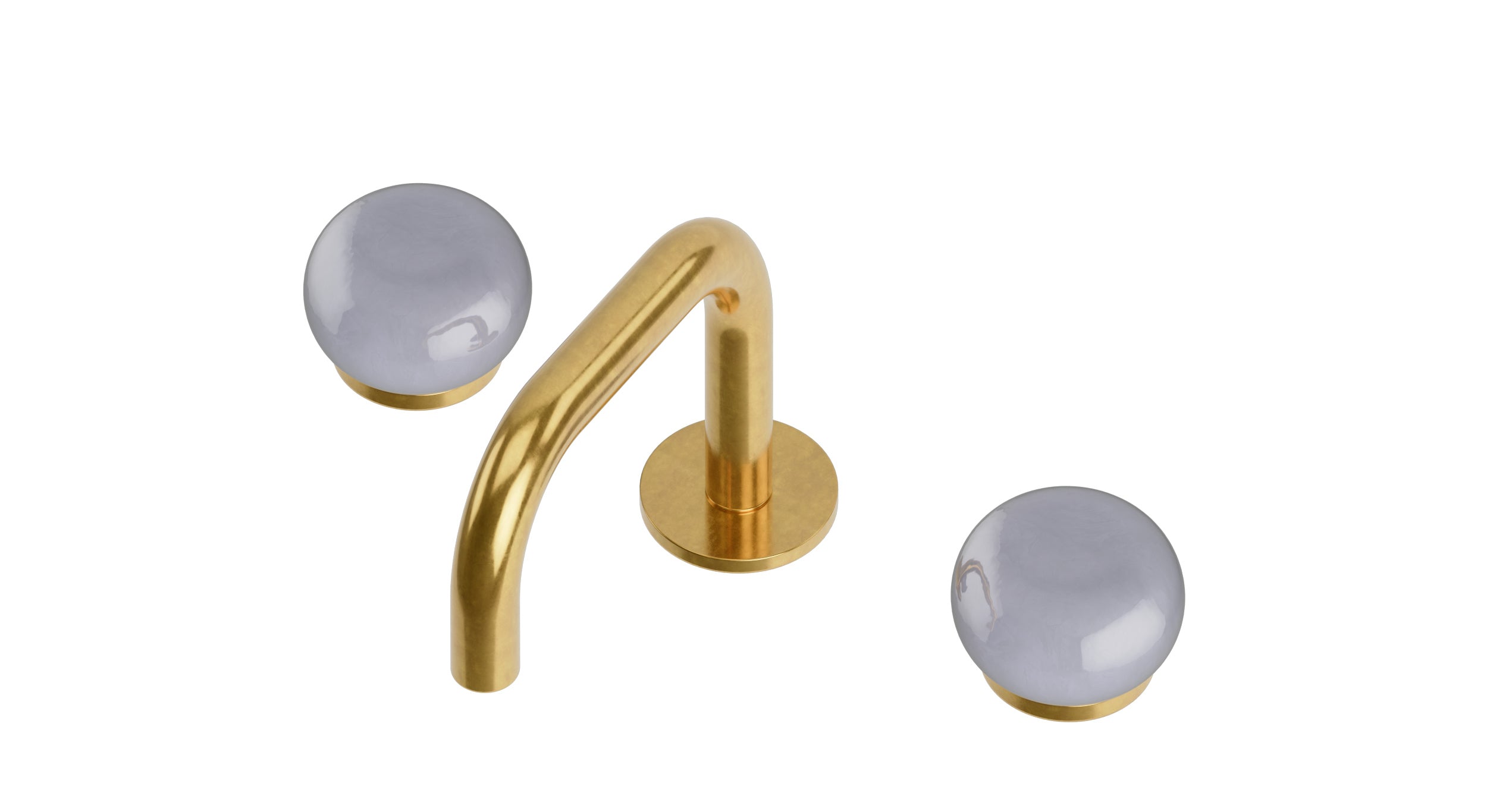 Foundry Two Handle Deck Mount Squaretop Lavatory Faucet with Pebble Ceramic Knob Handles in French Brass