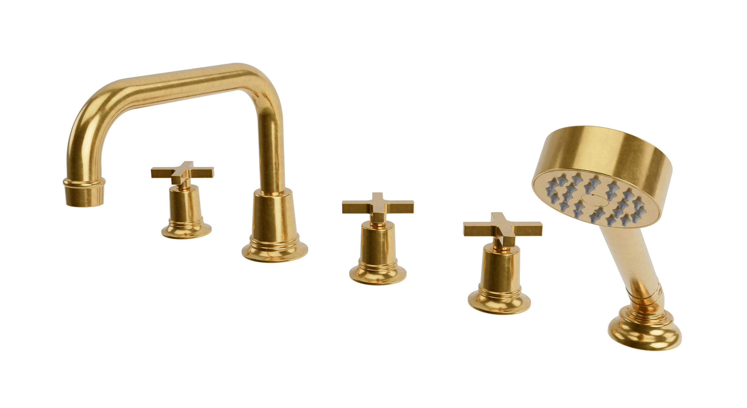 Emerson Three Handle Deck Mount Squaretop Bath Trim with Hand Shower and Classic Cross Handles in French Brass