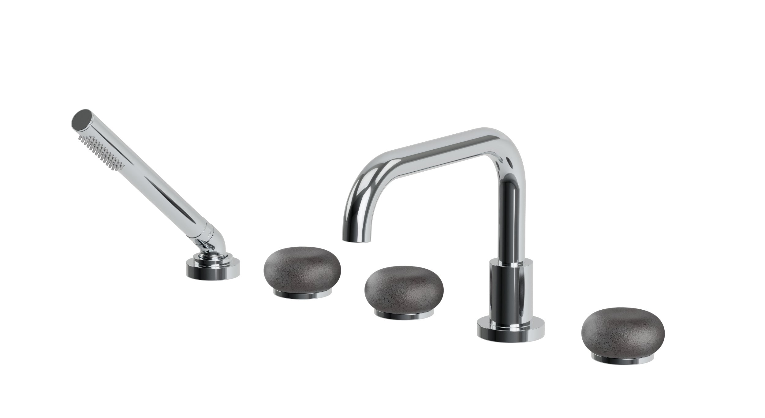 Foundry Three Handle Deck Mount Squaretop Bath Trim with Hand Shower and Pebble Ceramic Knob Handles in Polished Chrome