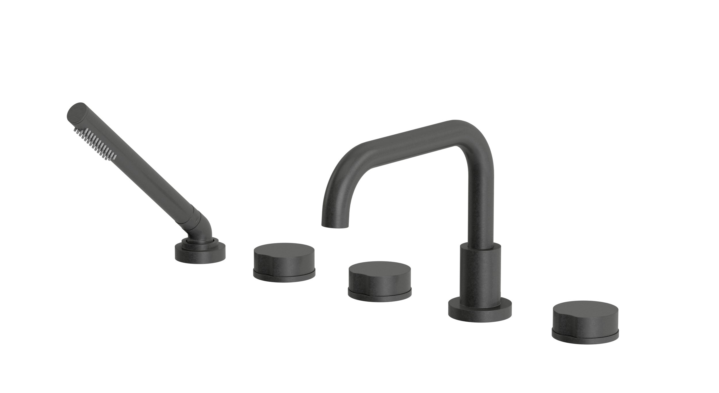 Foundry Three Handle Deck Mount Squaretop Bath Trim with Hand Shower and Circle Knob Handles in Blackened Nickel