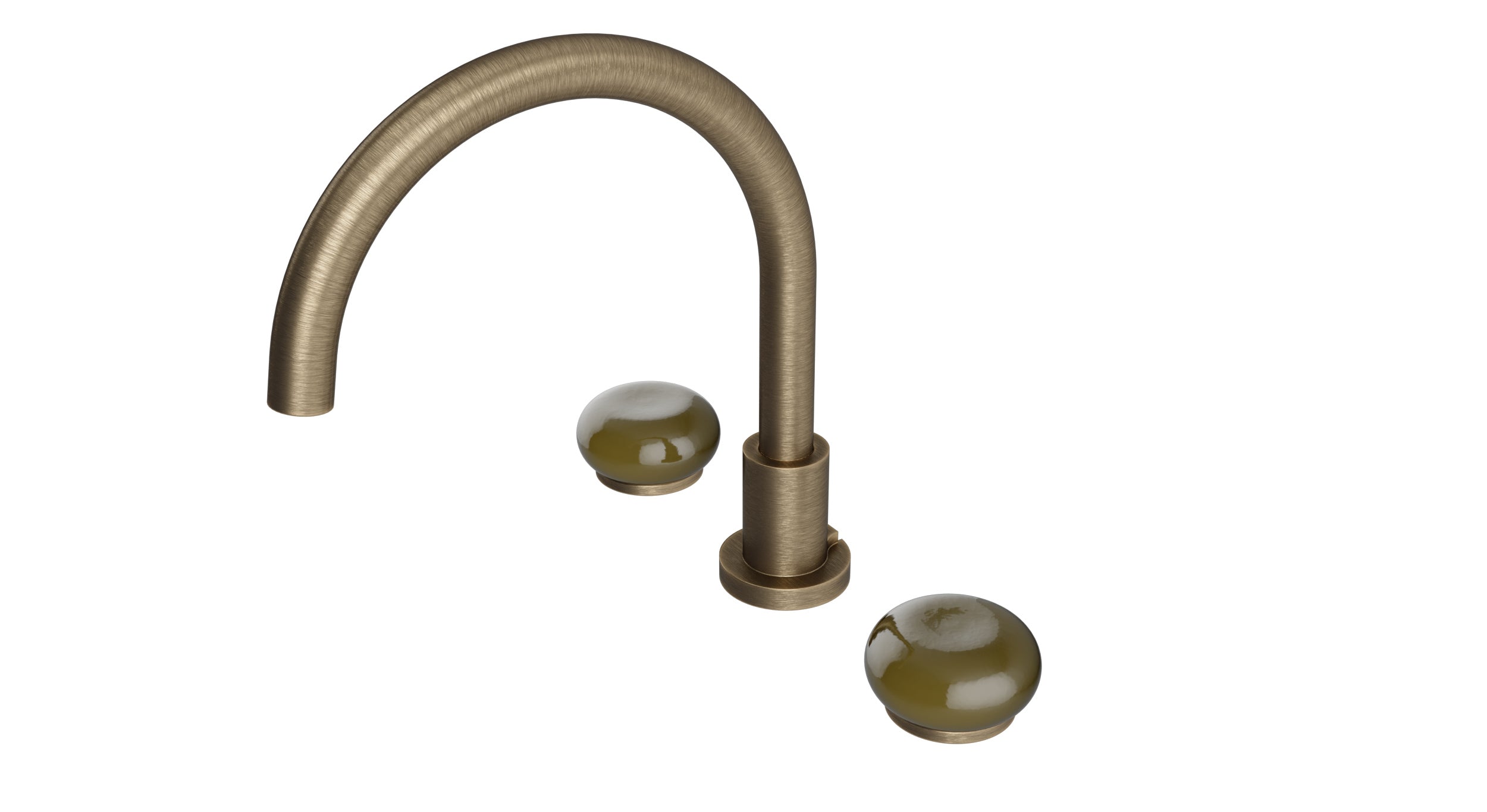 Foundry Two Handle Deck Mount Gooseneck Bath Trim with Pebble Ceramic Knob Handles in Antique Brass