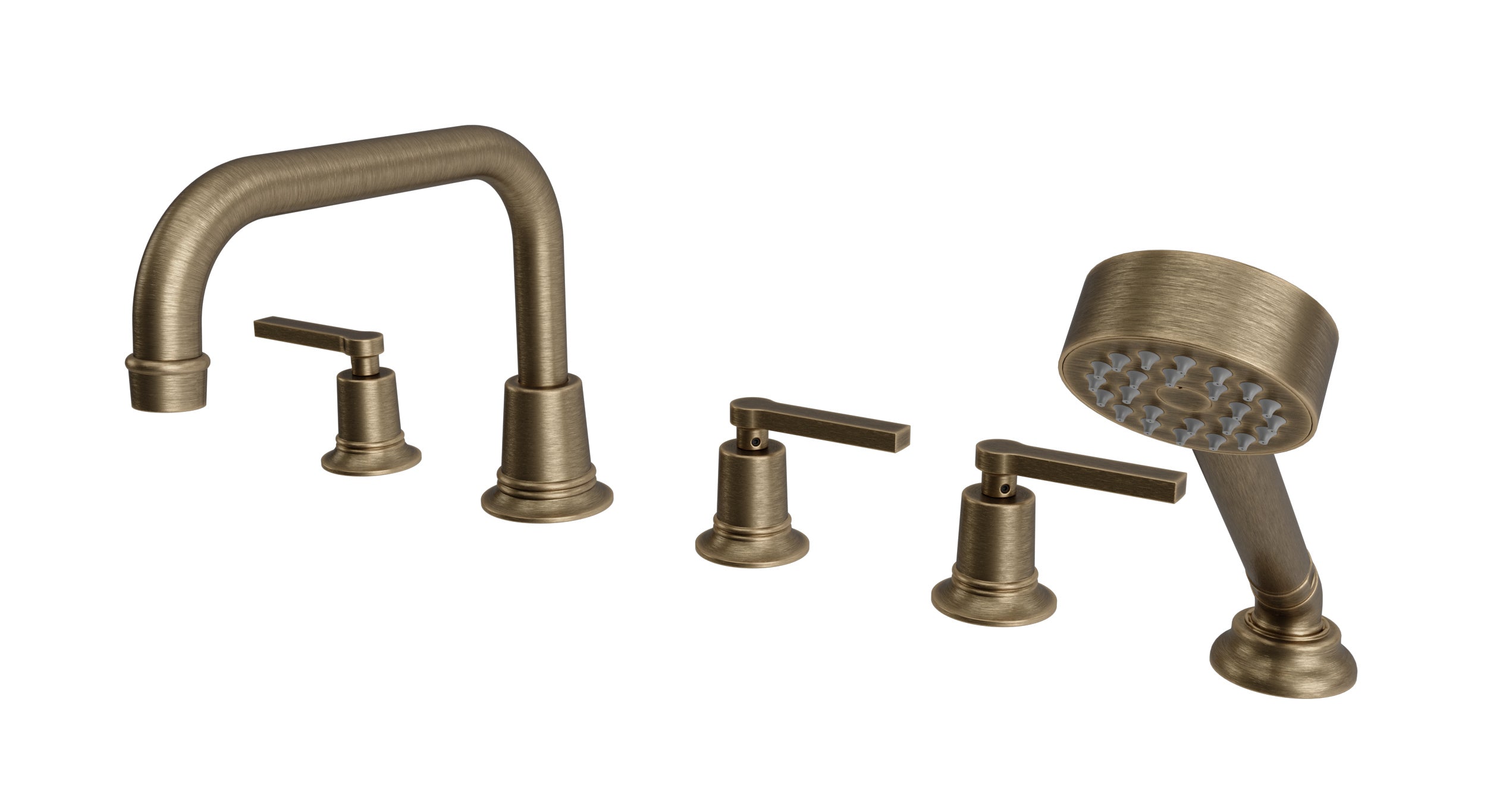 Emerson Three Handle Deck Mount Squaretop Bath Trim with Hand Shower and Classic Lever Handles in Antique Brass