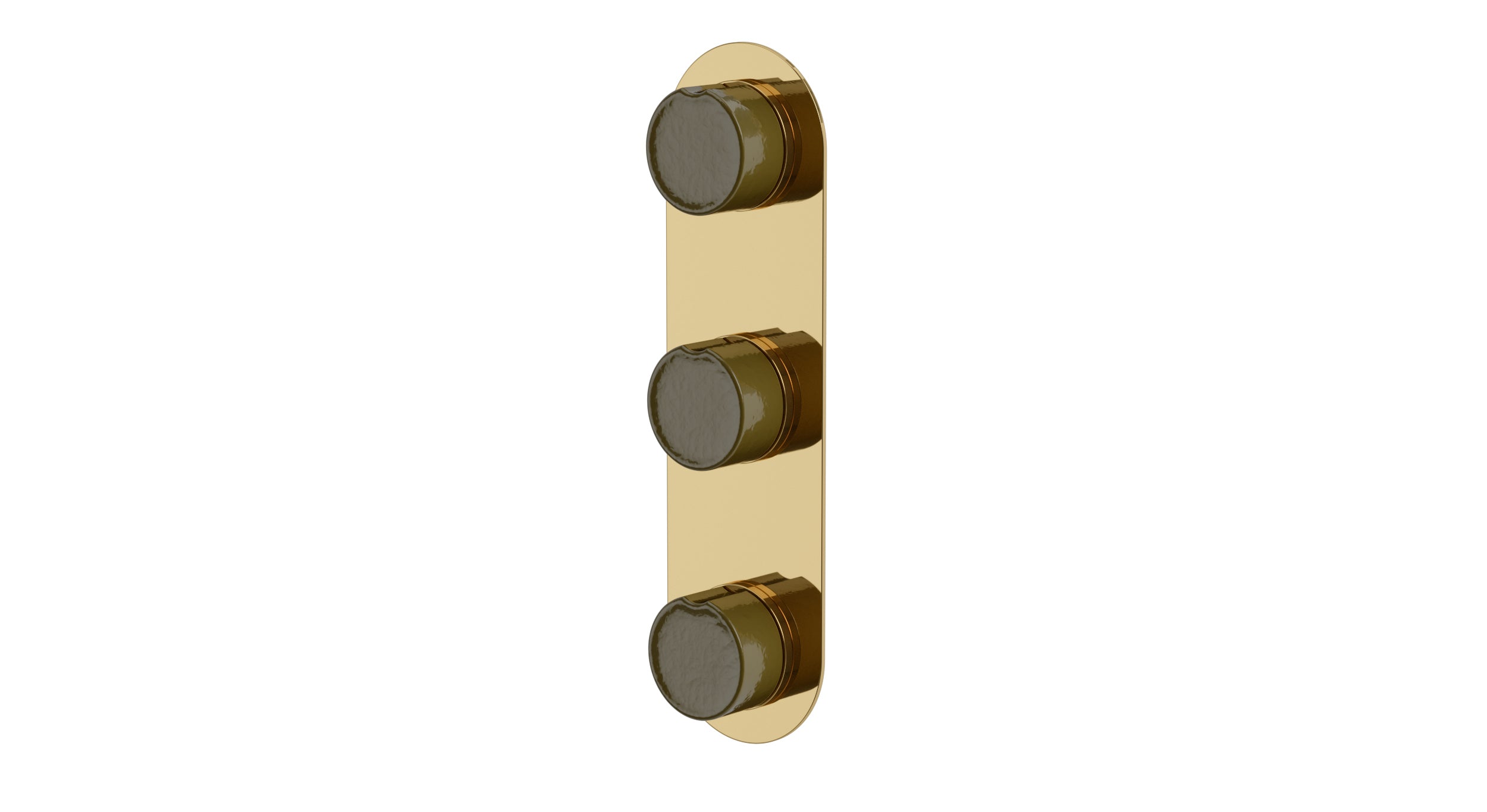 Foundry Three Handle Wall Mount Shower Trim with Groove Ceramic Knob Handles in Polished Brass