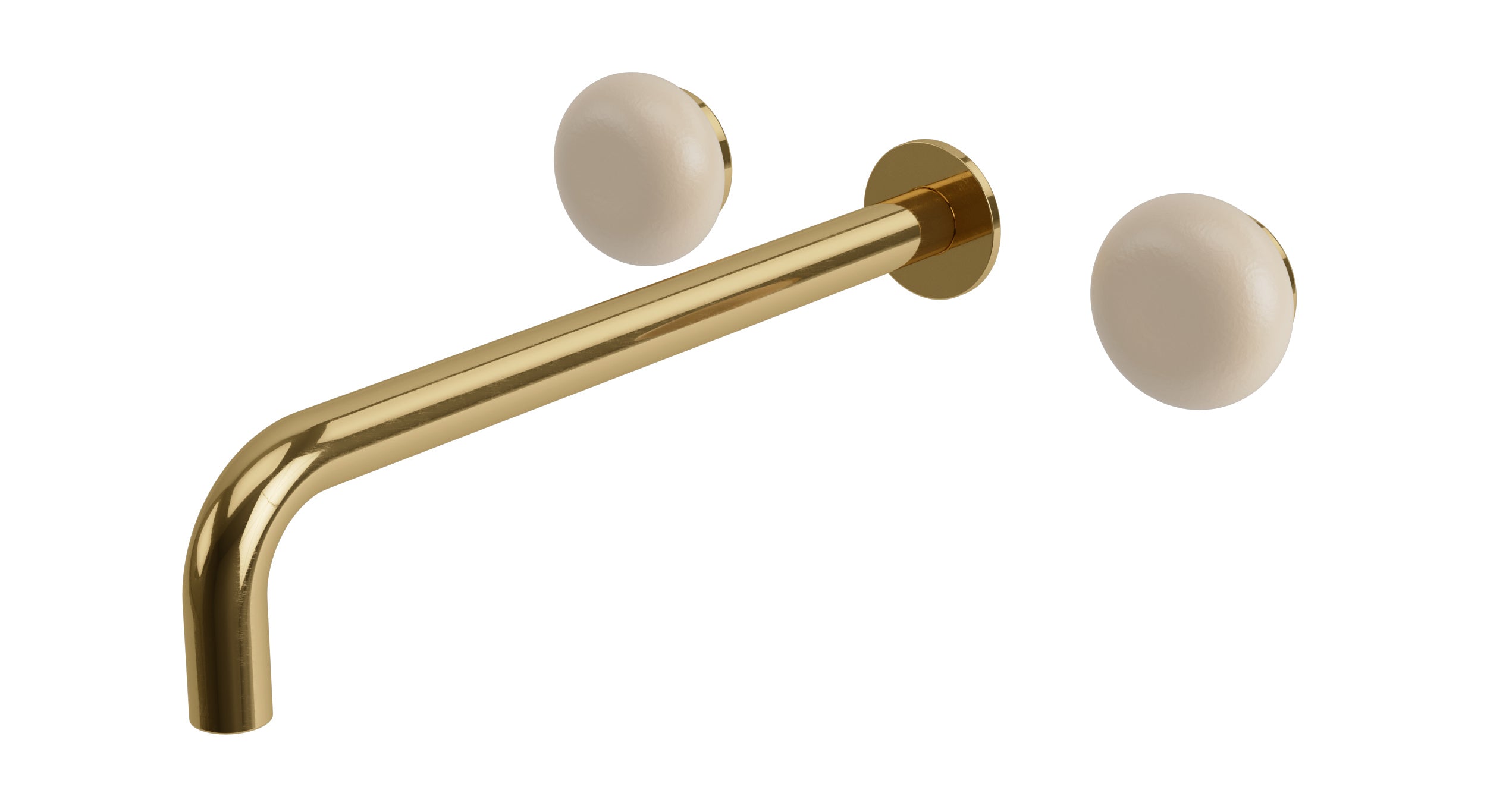 Foundry Two Handle Wall Mount 12" Lavatory Faucet with Pebble Ceramic Knob Handles in Uncoated Polished Brass