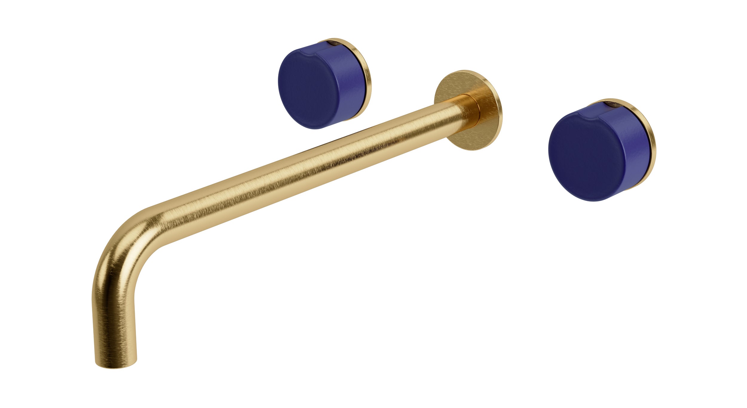 Foundry Two Handle Wall Mount 12" Lavatory Faucet with Groove Ceramic Knob Handles in Satin Brass
