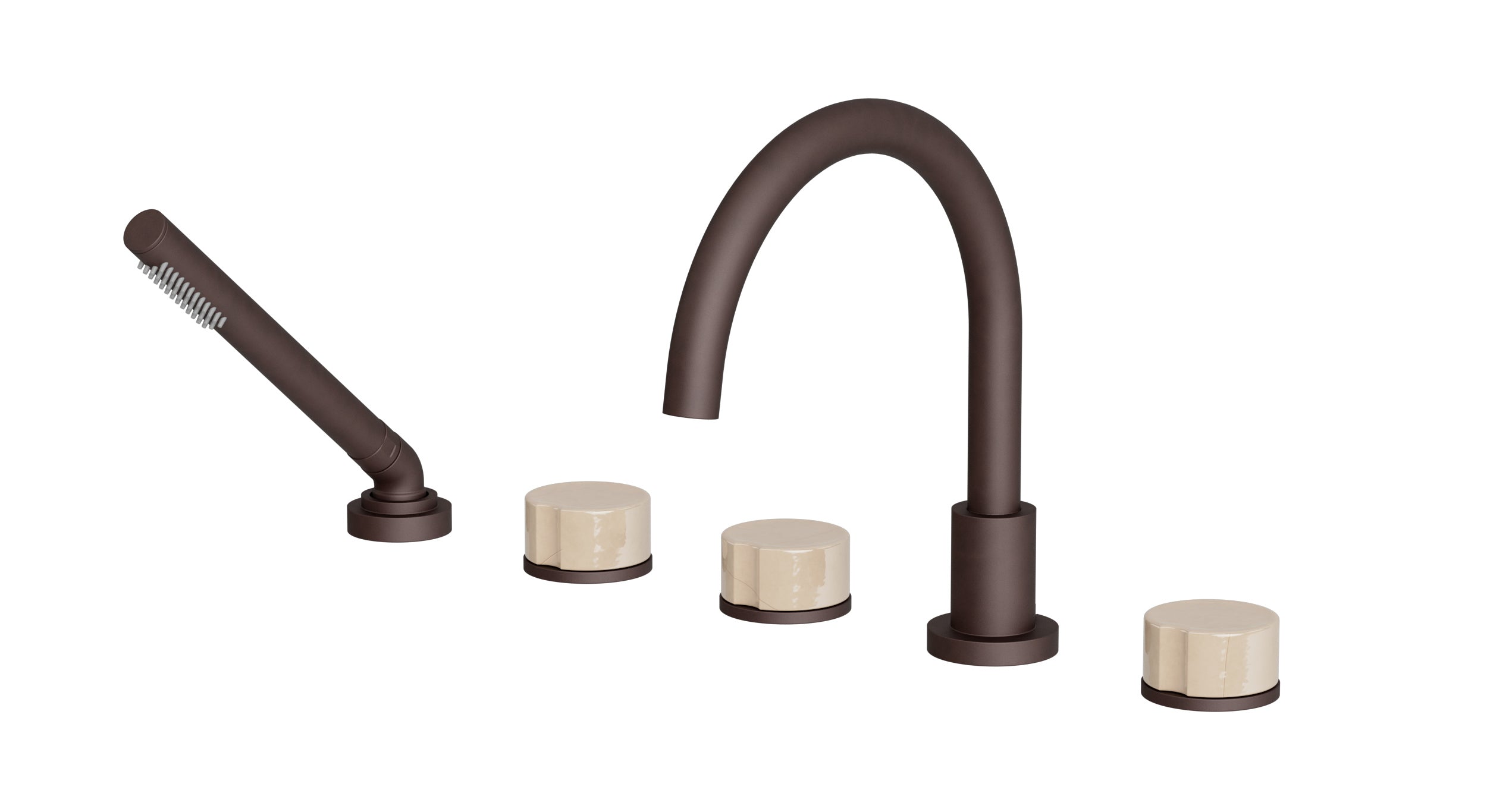 Foundry Three Handle Deck Mount Gooseneck Bath Trim with Hand Shower and Groove Ceramic Knob Handles in Architectural Copper