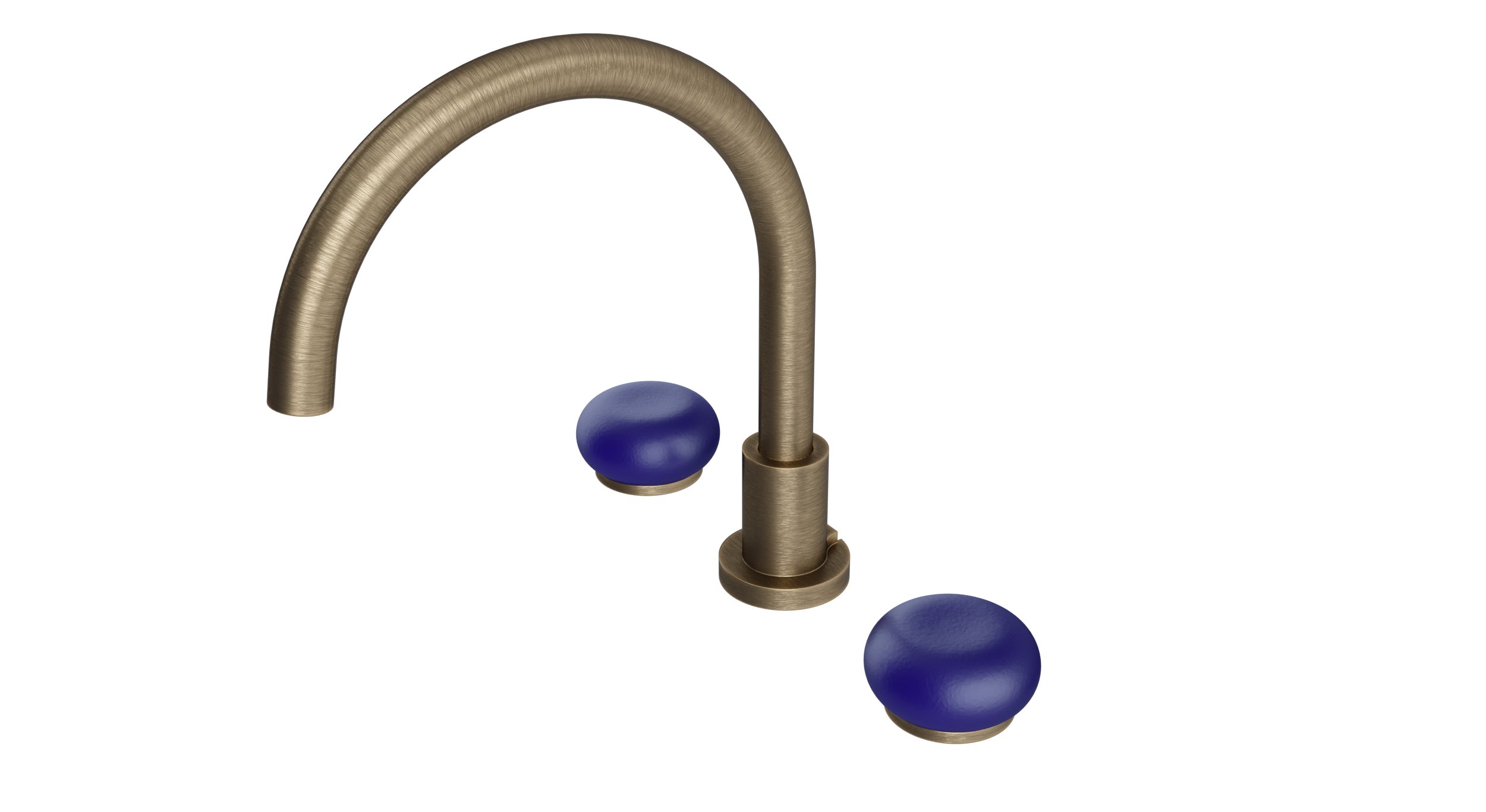 Foundry Two Handle Deck Mount Gooseneck Bath Trim with Pebble Ceramic Knob Handles in Antique Brass