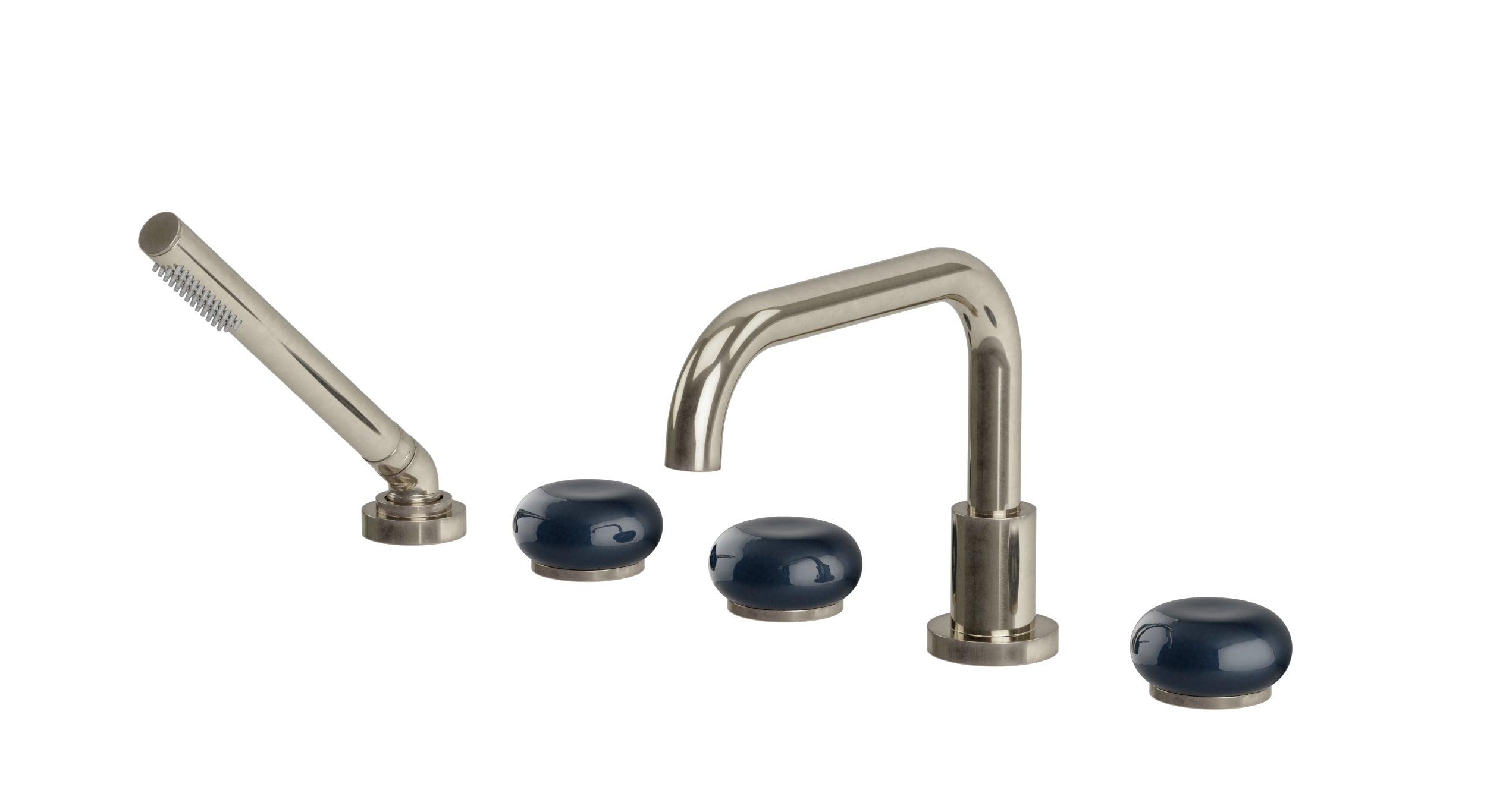 Foundry Three Handle Deck Mount Squaretop Bath Trim with Hand Shower and Pebble Ceramic Knob Handles in French Nickel